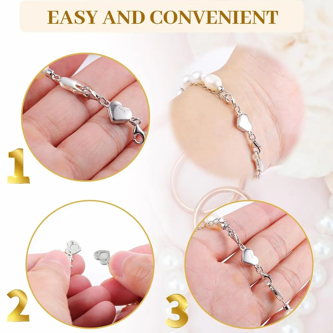 2 Pezzi Ganci per Braccialetti, Gancetti per Collane, Chiusure per Collane Magnetici, Chiusura Magnetica a Forma di Cuore in Argento Sterling 925, Accessori per la Creazione di Gioielli Fai da Te
