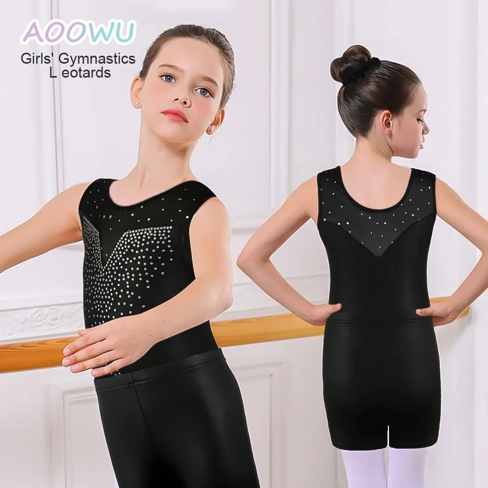 AOOWU Set Ginnastica 3 Pezzi, Leotard Y-Neck Pantaloncini, Danza Gradient Colour Sparkle