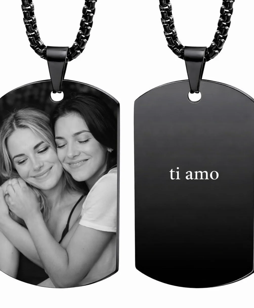 Collana Personalizzata con Foto e Incisione in Acciaio Nero – Ciondolo Uomo/Donna – Regalo Coppia