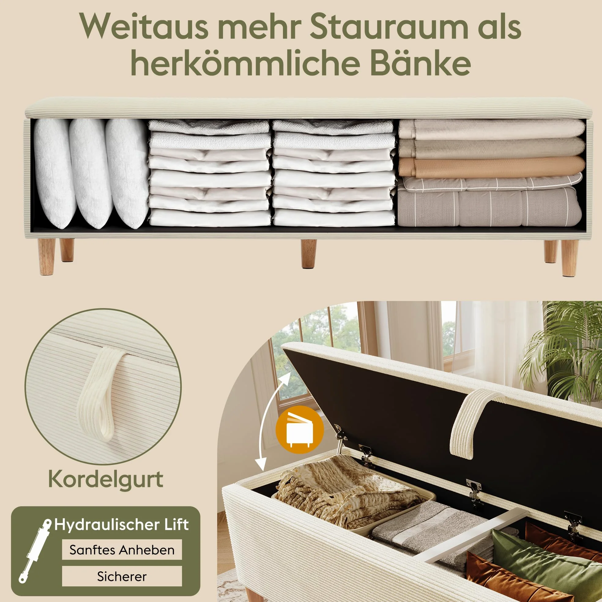 Panca da letto con vano portaoggetti, 165 x 38 cm, panca imbottita con spazio idraulico, scatola portaoggetti adatta per camera da letto, soggiorno e corridoio, effetto velluto a coste beige.