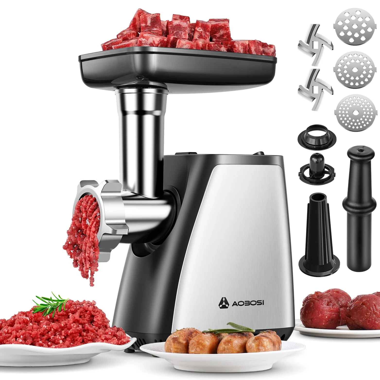 Tritacarne AAOBOSI, Tritacarne Elettrico 3-IN-1[2800W Max]con 2 Lame, 3 Piatti, Insaccatrice per Salsicce, Kit Kubbe, per Uso Domestico in Cucina, Acciaio Inossidabile