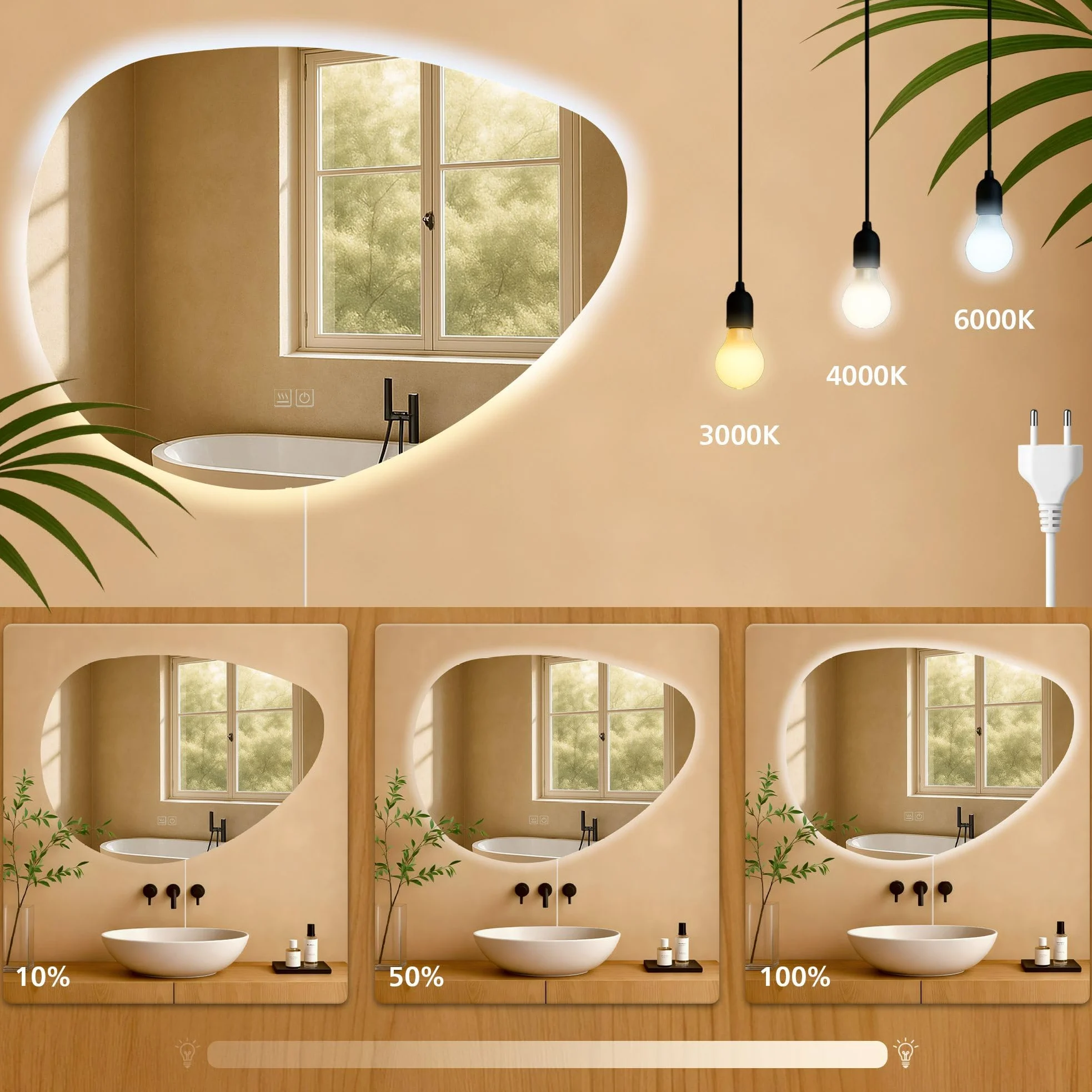 CLP Specchio da Bagno Almafie con Illuminazione, Specchio da Bagno antiappannamento, Specchio da Parete LED, con e Senza Bluetooth, Contenuto del Set:Senza Bluetooth