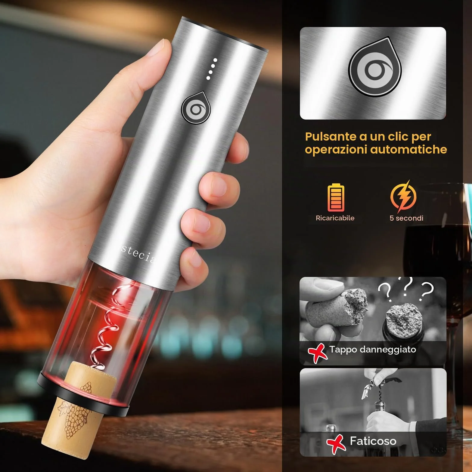 Cavatappi Professionale Elettrico per Vino, Apribottiglie 4 in 1 Ricaricabile con Versatore Automatico, Taglierina per Lamine, Tappi Sottovuoto