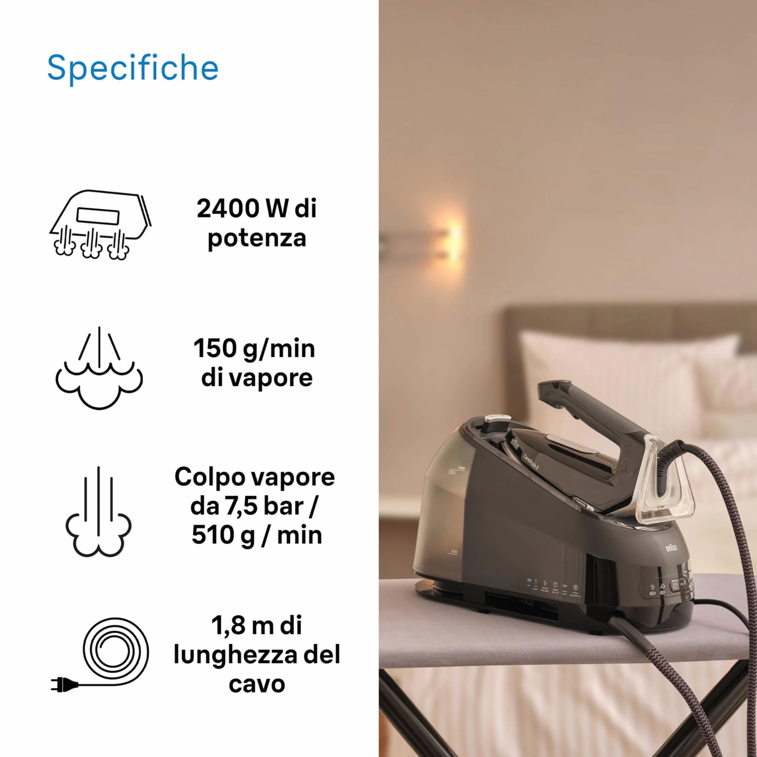 Braun CareStyle 5 IS5249BK, Sistema Stirante con Tecnologia FreeGlide 3D, 150 g/min di Vapore, Riscaldamento Veloce, Modalità iCare, Stiratura Verticale, Serbatoio 2L Rimovibile, 2400W, Nero