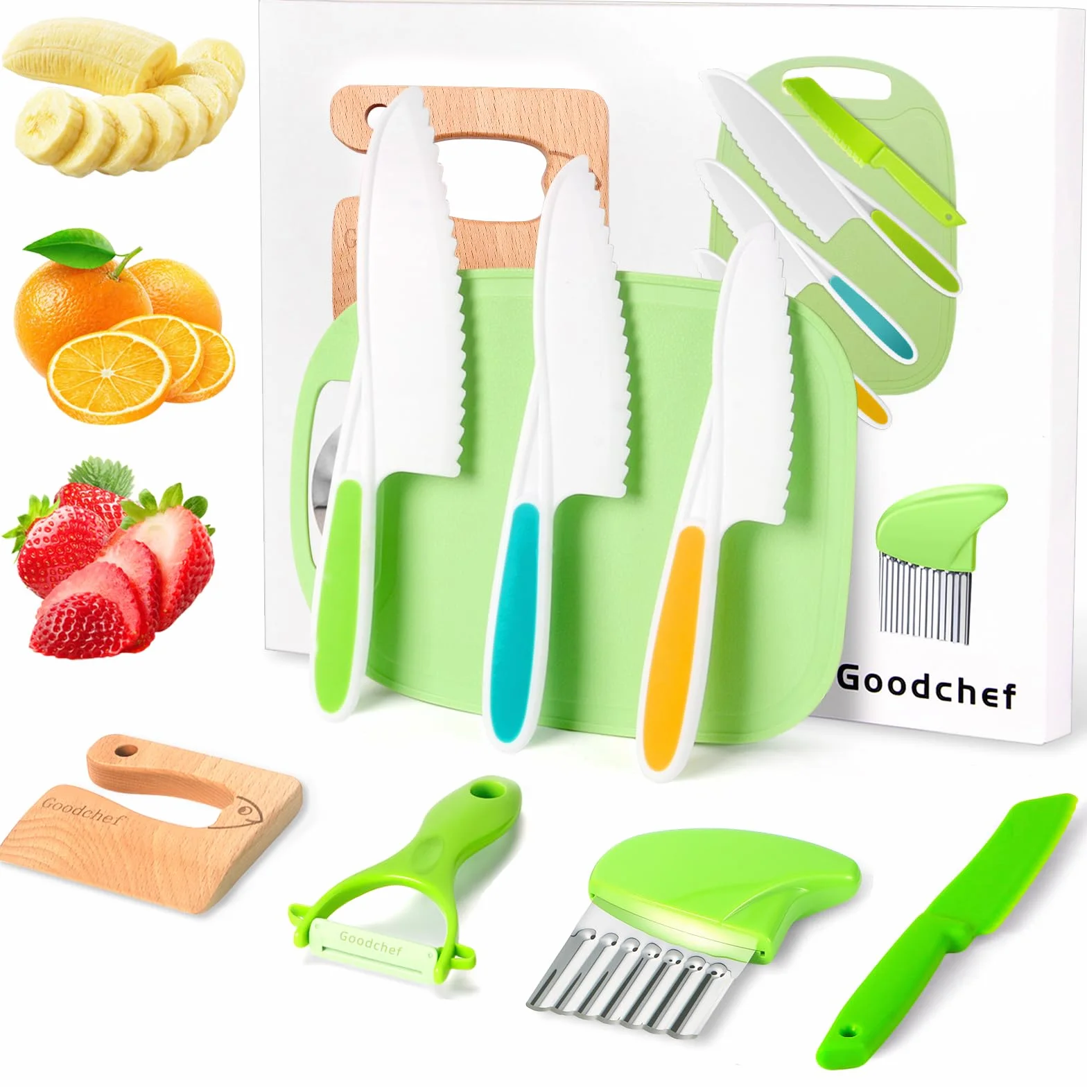 Set di 8 coltelli da cucina per bambini, per tagliare e cucinare, frutta o verdura, incluso coltello in legno, tagliere e pelapatate, pesce