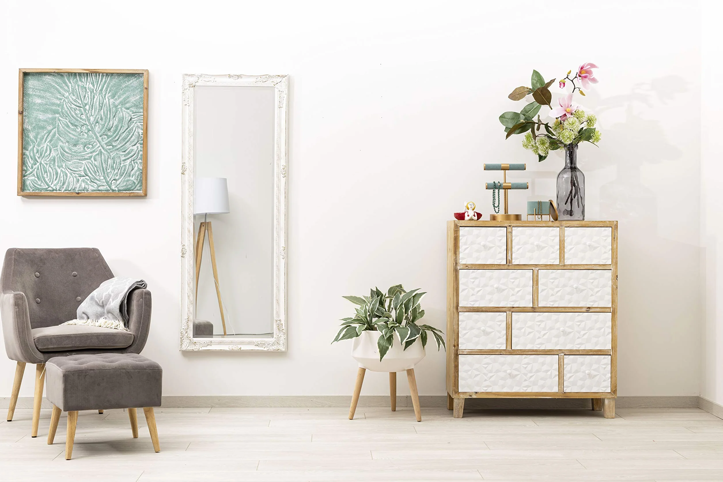 Baroni Home Specchio in Legno Bianco con Cornice Shabby, Specchiera da Parete Rettangolare per camera da letto, bagno o soggiorno, Specchio Shabby Bianco Anticato, 55x142 cm