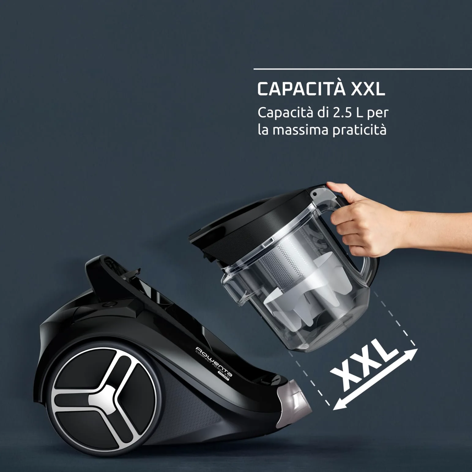 Rowenta Compact Power XXL Aspirapolvere Senza Sacco, Capacità 2.5 Litri, Potenza 900 W, Design Compatto, Sistema di Filtraggio a 3 Livelli, Aspirapolvere Potente, Facile da Pulire, 2 accessori,RO4B50