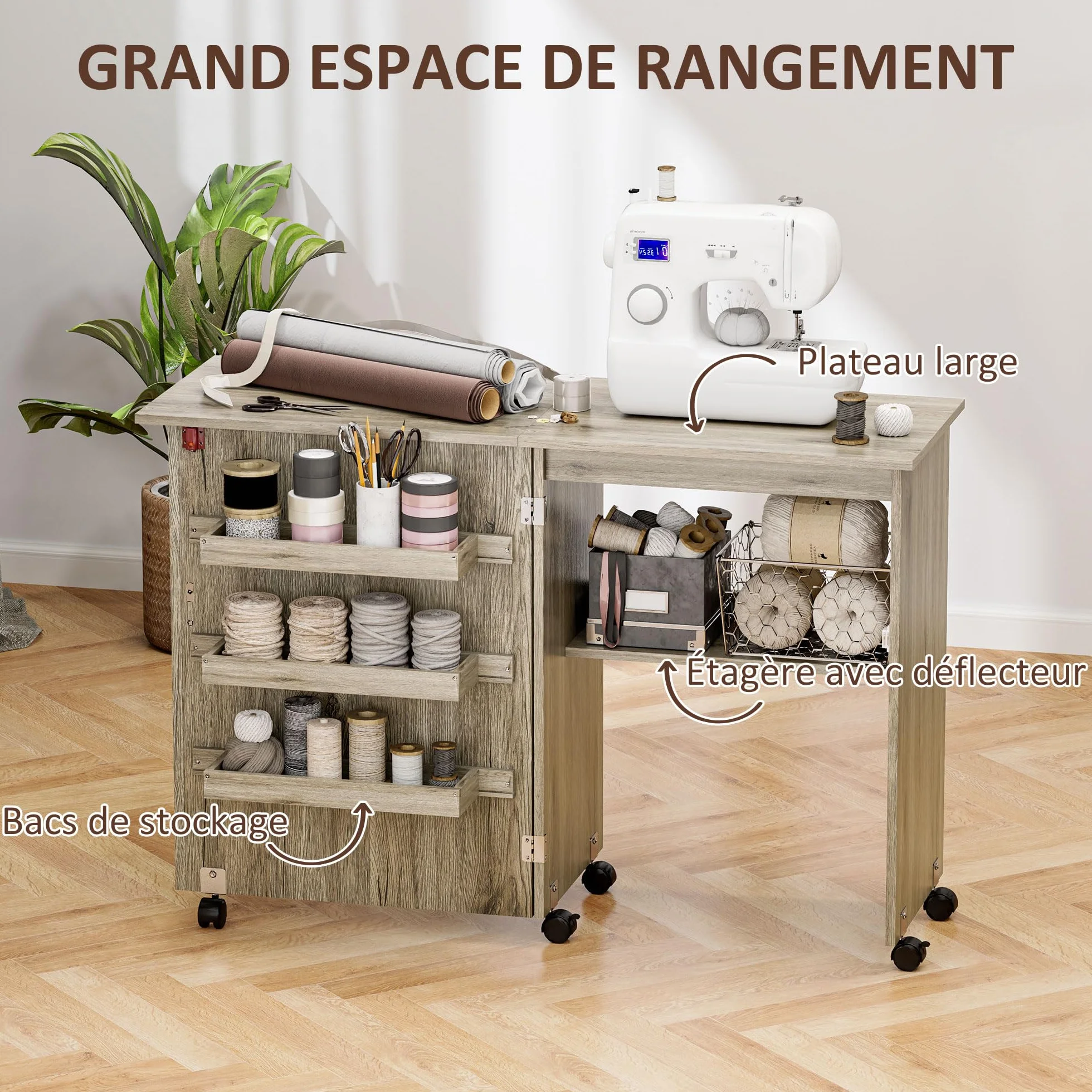 HOMCOM Tavolo da cucito pieghevole, mobile da cucito con cassetti portaoggetti, ripiano aperto e ruote, mobile per macchina da cucire, per soggiorno, ufficio, 117 x 40 x 77,5 cm, effetto legno grigio