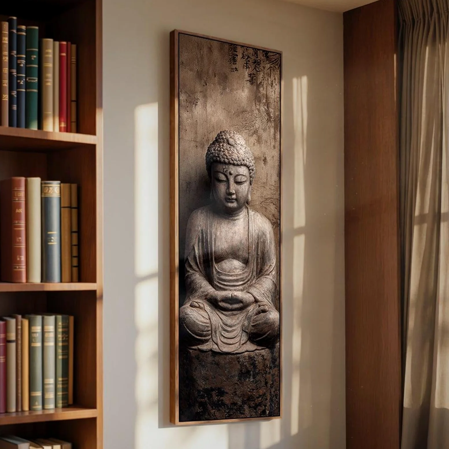 XINBAO Quadro su tela per studio di yoga, arte da parete alta e stretta per la meditazione, decorazione murale zen, pezzo d'effetto slanciato, dipinto di Buddha (60x180 cm/cornice interna)