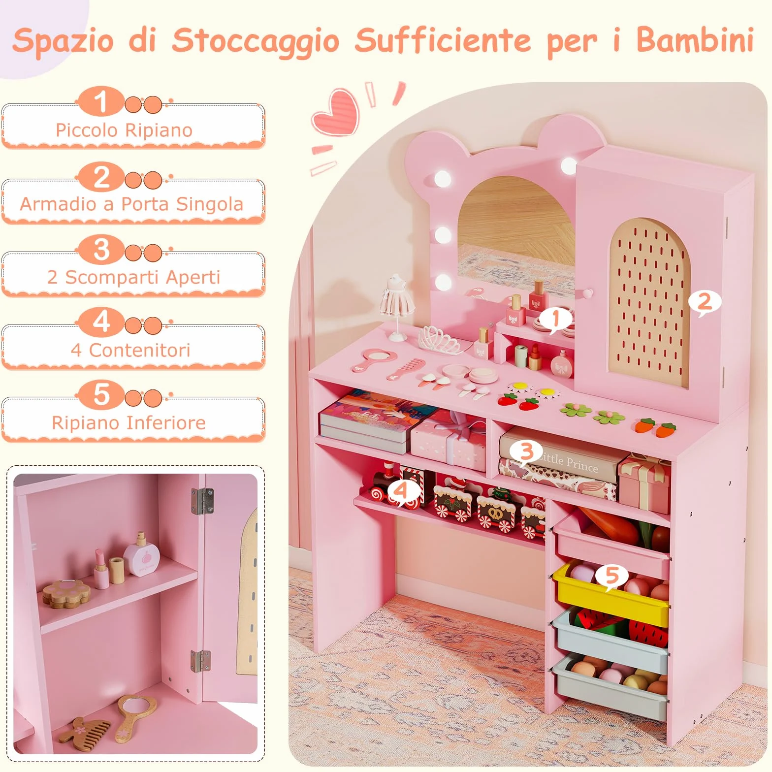 RELAX4LIFE Toeletta Trucco per Bambini con Luci, 3 Colori e Luminosità Regolabile, Set di Tavolo e Sedia on 5 Cassetti e 2 Scomparti, Postazione Trucco per Bambini 3+ Anni (Rosa)
