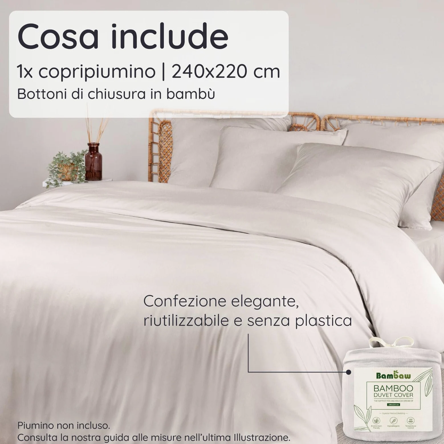 Bambaw Copripiumino matrimoniale 220x240 bambu, Lenzuolo rinfrescante matrimoniale, Lenzuola matrimoniali in bambu anallergiche, Biancheria da letto elegante, Copripiumino 220x240 cm (Sabbia)