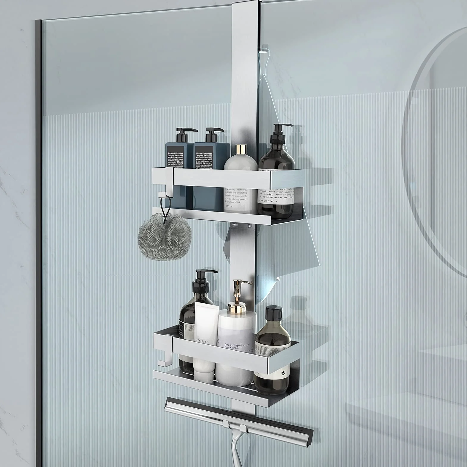 Mensola Doccia in SUS304 Acciaio Inox, Porta Bagnoschiuma da Appendere al Porte Doccia in Vetro, Argento (Doppio strato)