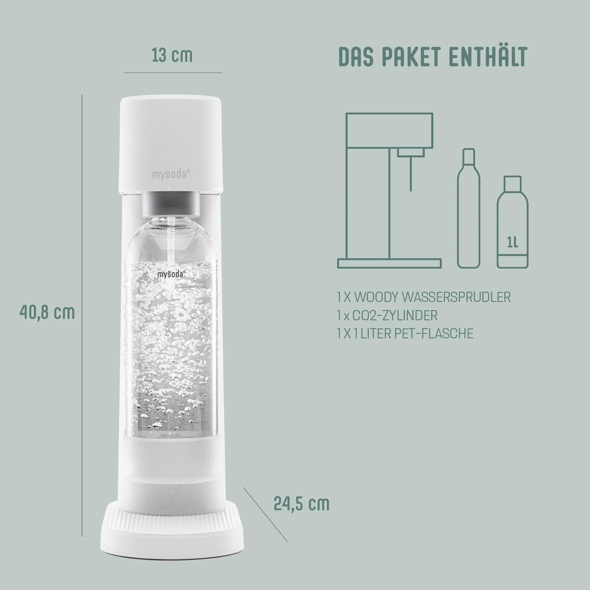 Mysoda Woody - Gasatore d’acqua per l’acqua frizzante in materiale composito di legno con bottiglia in PET e bombola CO2 inclusa - Blanco