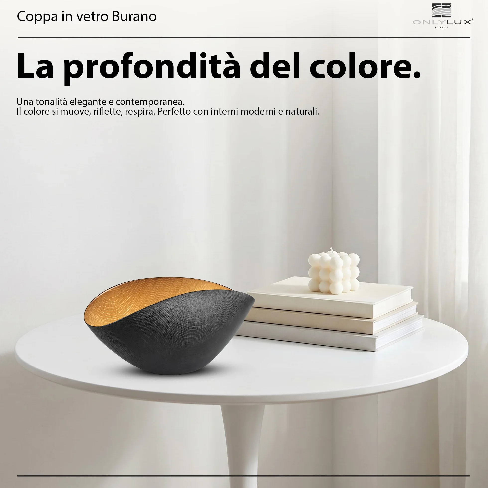 Onlylux Coppa Burano in Vetro Centrifugato Decorato a Mano - Centrotavola Decorativo 28 x 9,5 cm - Coppa in Vetro Artigianale per Arredo Casa - Nero Mat Oro