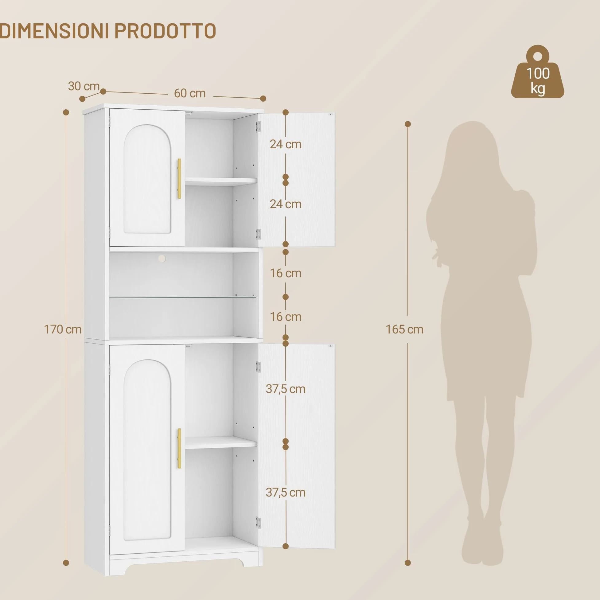 Hzuaneri Mobile Bagno con Luci LED, 4 Ante, mobiletto bagno salvaspazio, mobile alto con spazio aperto, ripiani regolabili, soggiorno, bagno, 30 x 60 x 170 cm, Bianco SC68213X