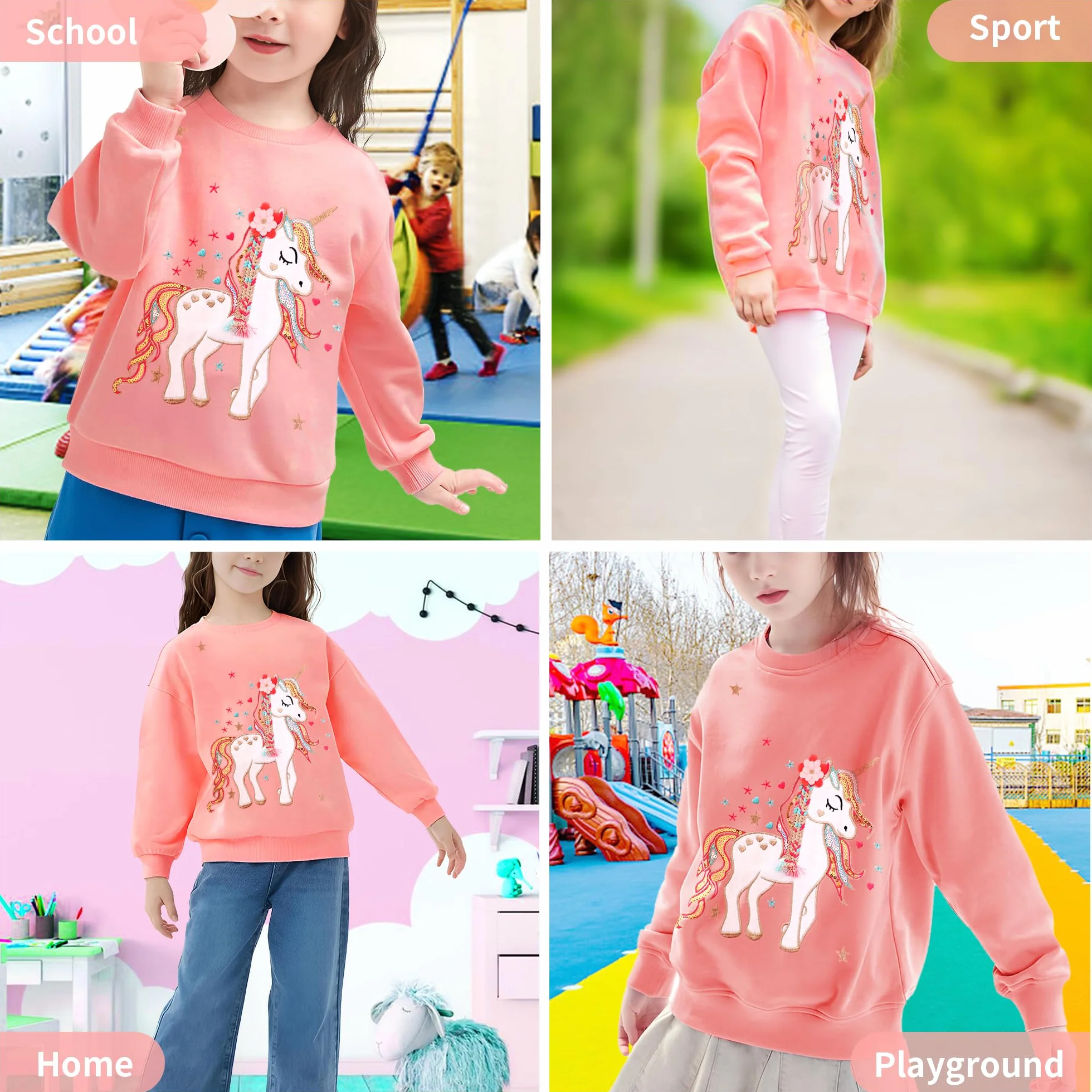 Felpa per Bambina Unicorno Ricamo Cotone Manica Lunga 2-7 Anni Rosa/Gris