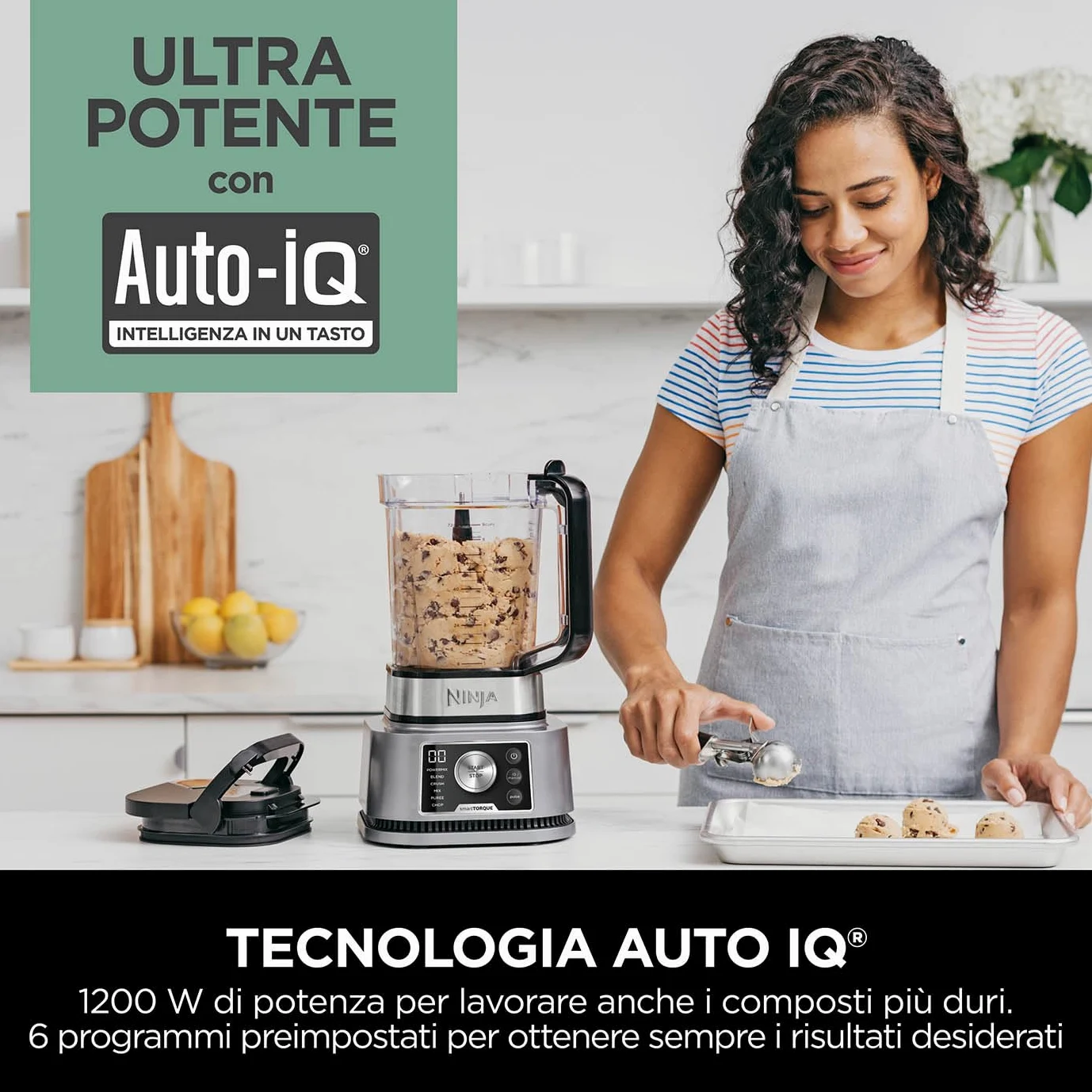 Ninja Foodi Frullatore Power Nutri 3 in 1,1200 W, caraffa da 2,1L, tazza 700ml e ciotola 400ml con Power Paddle, per frullati, creme dense e bibite ghiacciate, argento, CB350EU
