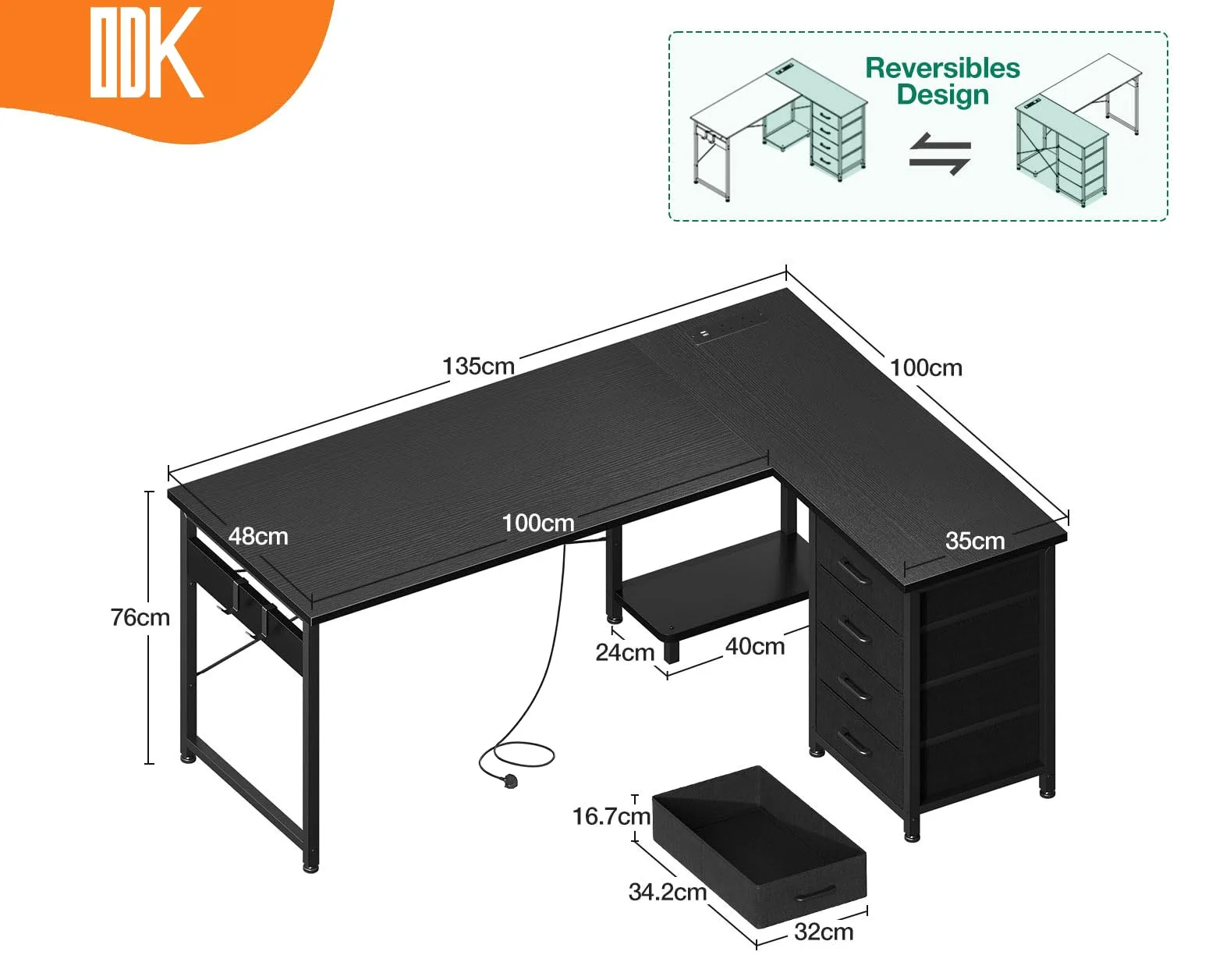 ODK Scrivania angolare con cassetti, scrivania reversibile a forma di L con presa di corrente, scrivanie da ufficio con porta di ricarica USB e supporto per host per casa e ufficio, nero, 135 x 100 cm