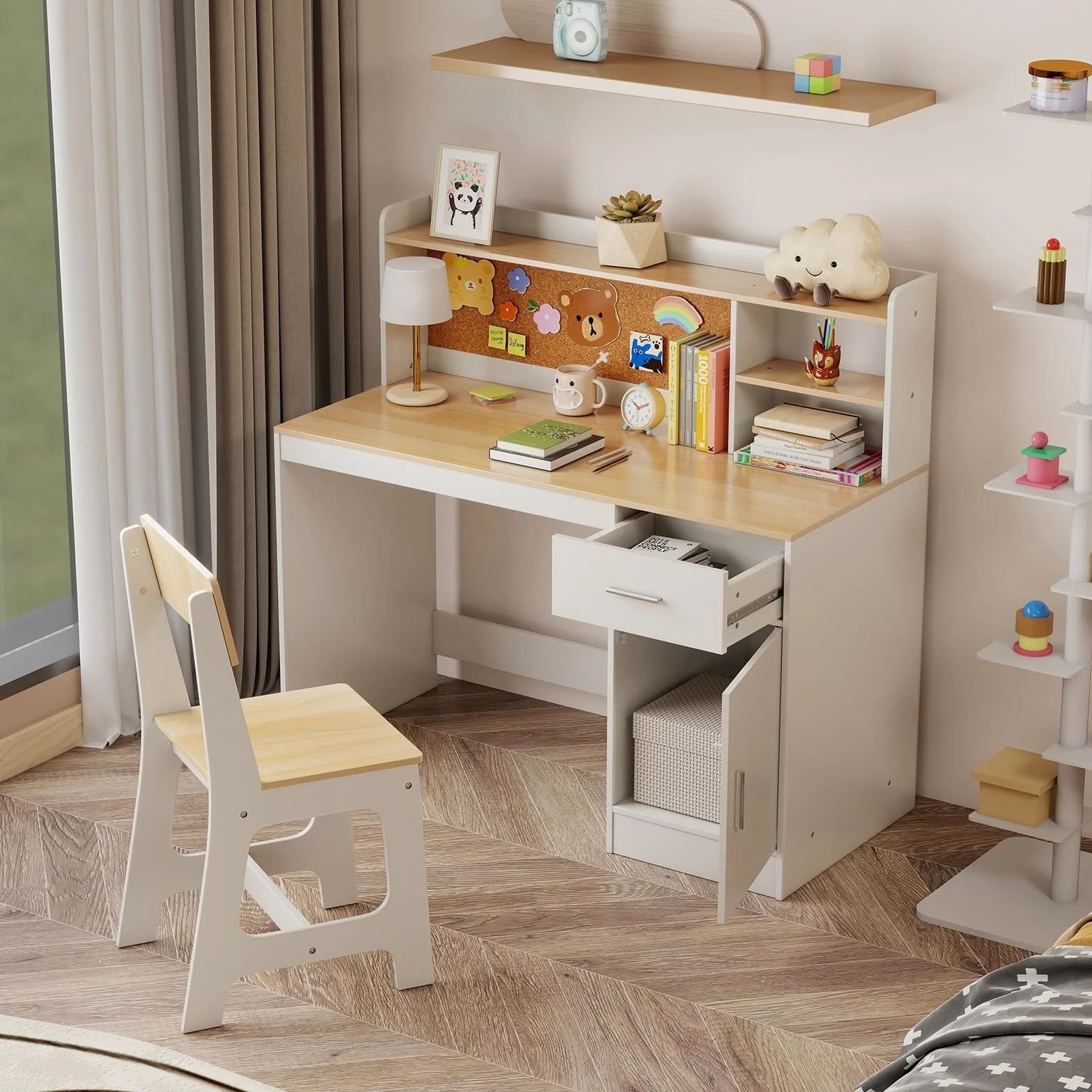 LIFEZEAL Scrivania e Sedia per Bambini, con Cassetto, Armadietto, Ripiano, Bacheca, Sedia con Schienale, Tavolino da Studio, Gioco, Banco Scuola per Ragazzi, in Legno, per Cameretta (naturale)