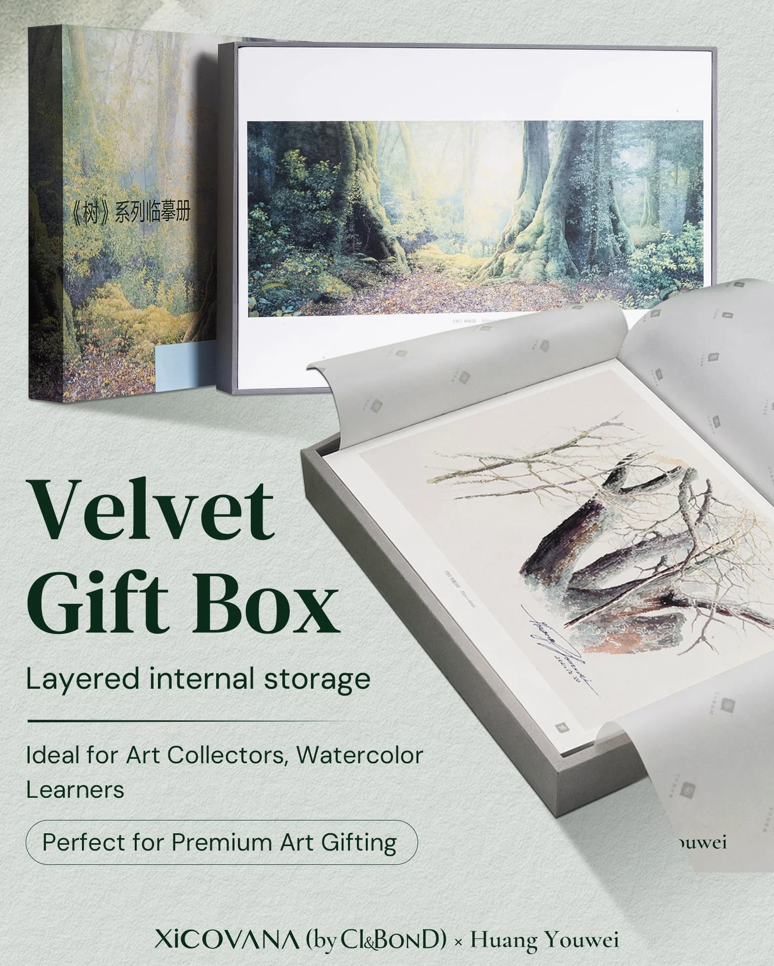 XiCOVANA Huang Youwei Tree Series - Set di fotocopie ad acquerello, riproduzione autorizzata dall'artista, 20 fogli di carta artistica di alta qualità, confezione regalo in velluto per tracciare