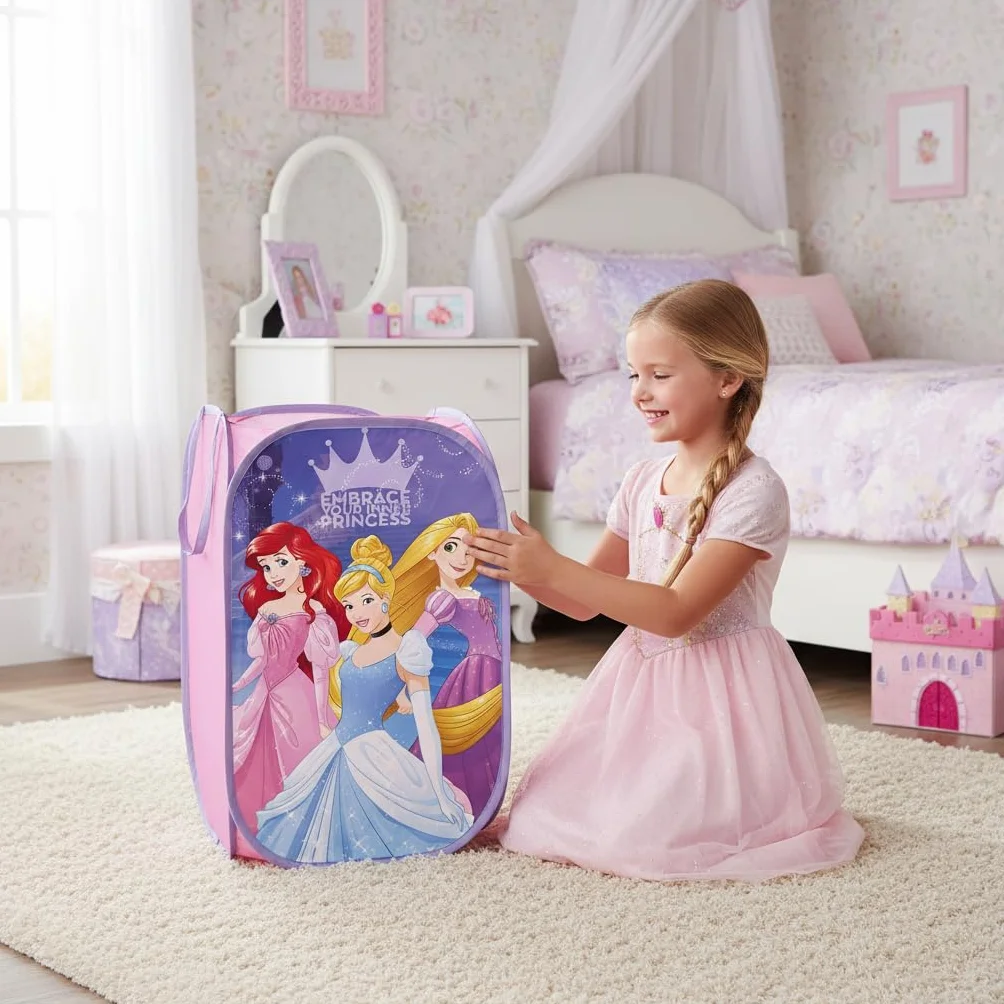 SUPERDIVER - Cesto pieghevole Principesse Disney - Licenza Ufficiale Disney Princess - Perfetto per giocattoli e vestiti - 36x36x58 cm - Ideale per bambini e bambine.