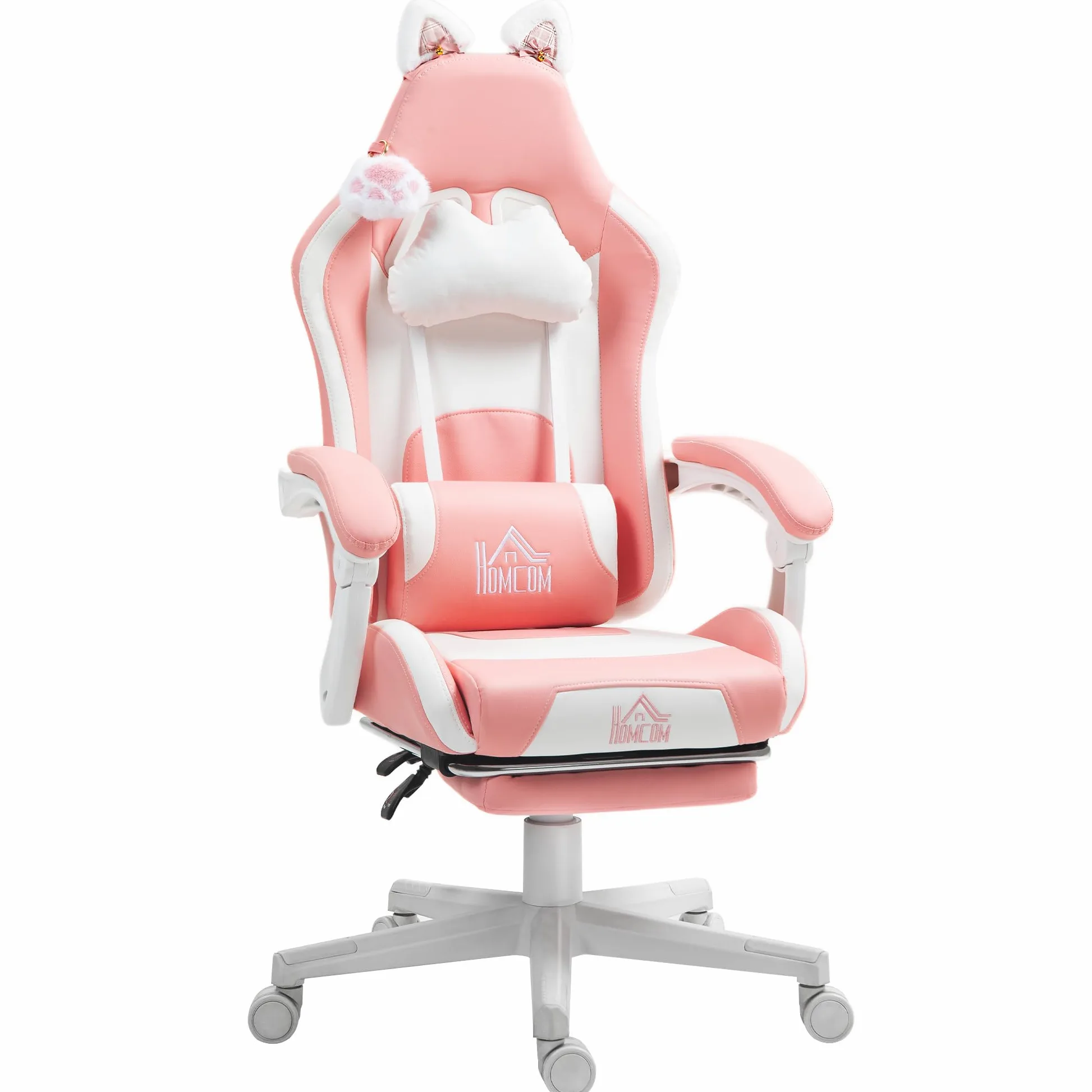 HOMCOM Sedia Gaming Ergonomica con Orecchie da Gatto, Poltrona Gaming Ufficio Reclinabile in Finta Pelle con Poggiapiedi, Poggiatesta e Altezza Regolabile, Supporto Lombare e Cervicale, Rosa