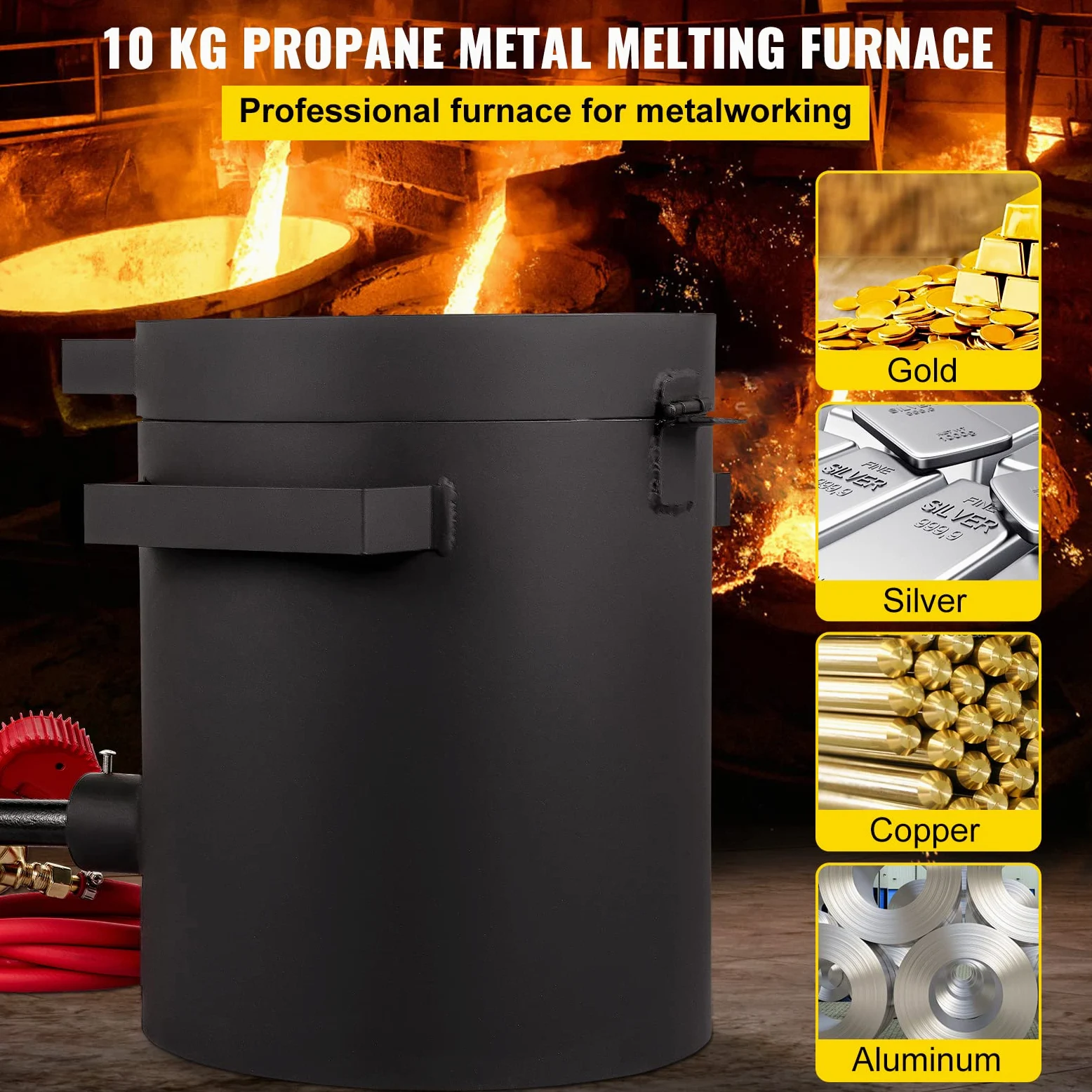 VEVOR Forno di Fusione dell'Oro in Grafite, Capacità 10kg LYBBWYZ10KG 1350℃ Crogiolo per Fusione Metalli per Il Fai da Te, Le Fabbriche di Lavorazione dei Gioielli, La Ricerca dell'Oro, Nero