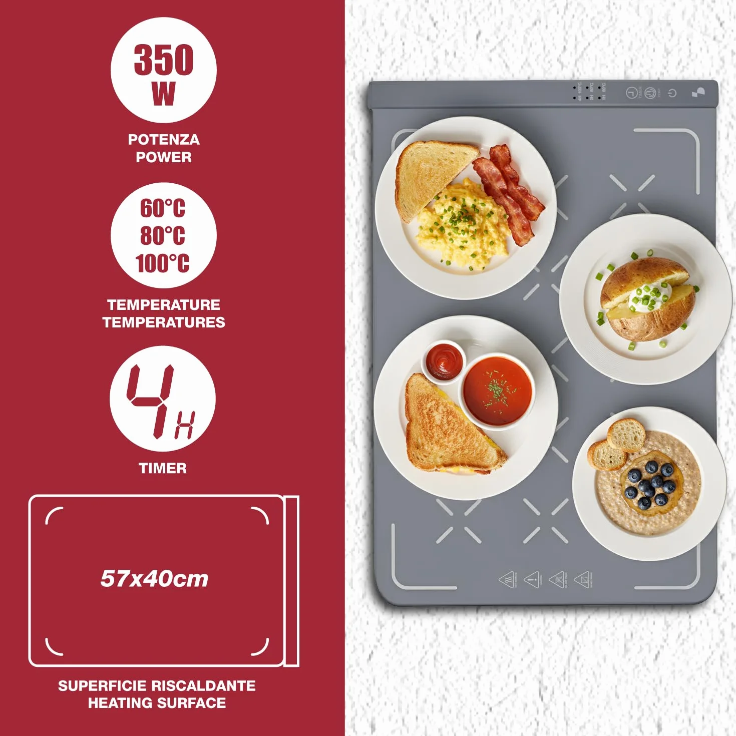 BEPER P101TEM100 Scaldavivande Elettrico in Silicone Arrotolabile, Vassoio Riscaldante 350W, 3 Temperature, Timer 4h, Touch