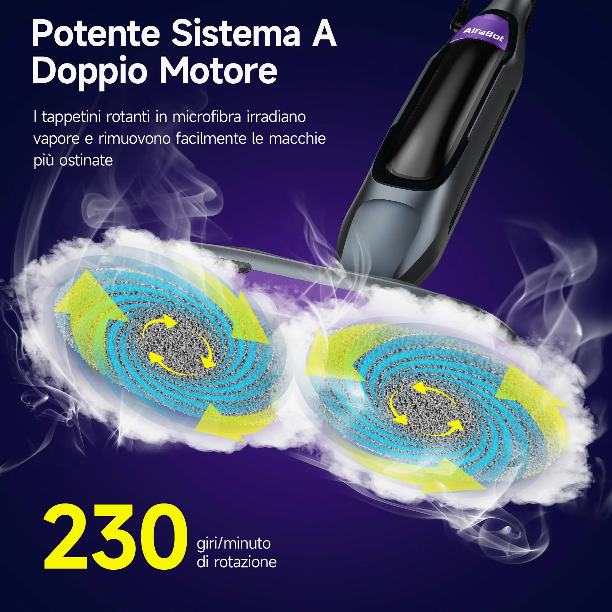 AlfaBot F2 Lavapavimenti a Vapore - Scopa a Vapore con Disinfezione 99.9% di germi e batteri, Vapore pronto in 30s, 450 ML, per tutti i tipi di Pavimenti Duri, Senza Uso di Detergenti