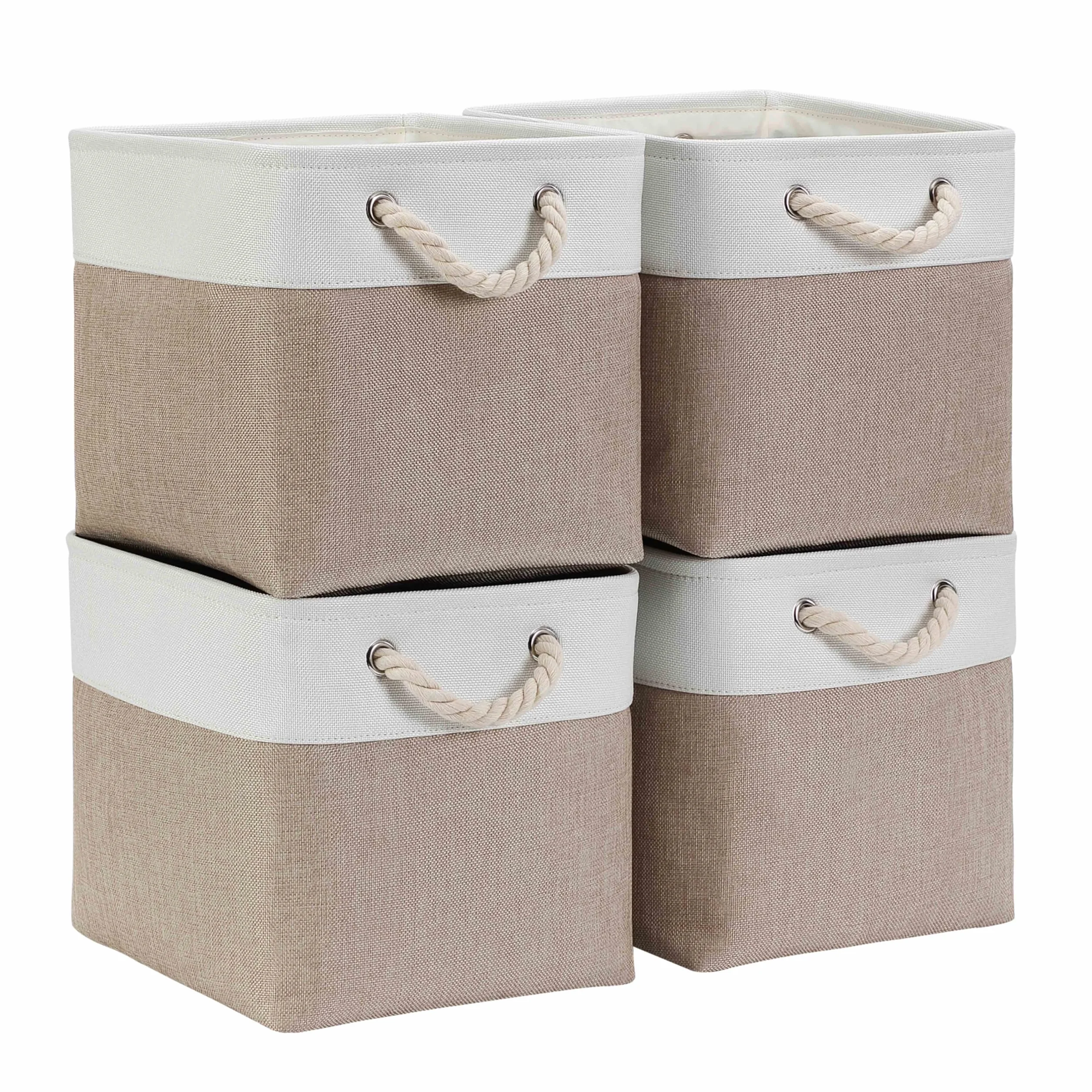 Mangata Set di 4 Scatole per Armadio Cesto Portaoggetti Tessuto 25 x 25 x 25 cm Pieghevole Bianco Kaki Chiaro