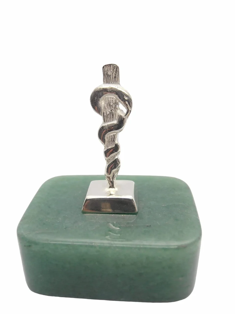 Bastone di Esculapio Simbolo di Asclepio Argento 925 Avventurina Naturale Verde Fermacarte Soprammobile