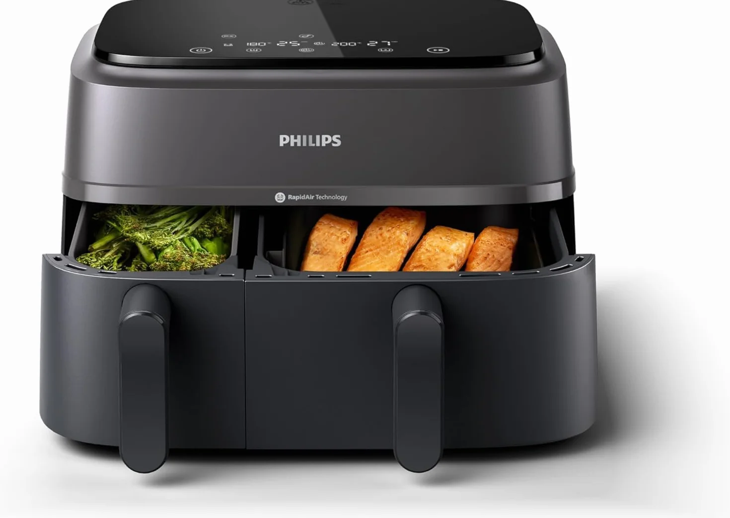 Philips Dual Basket Air Fryer - Cottura sana, veloce e versatile, Friggitrice ad aria con Doppio Cestello da 9L, Touchscreen, design a 2 cestelli con doppia resistenza e termostasti separati(NA350/00)