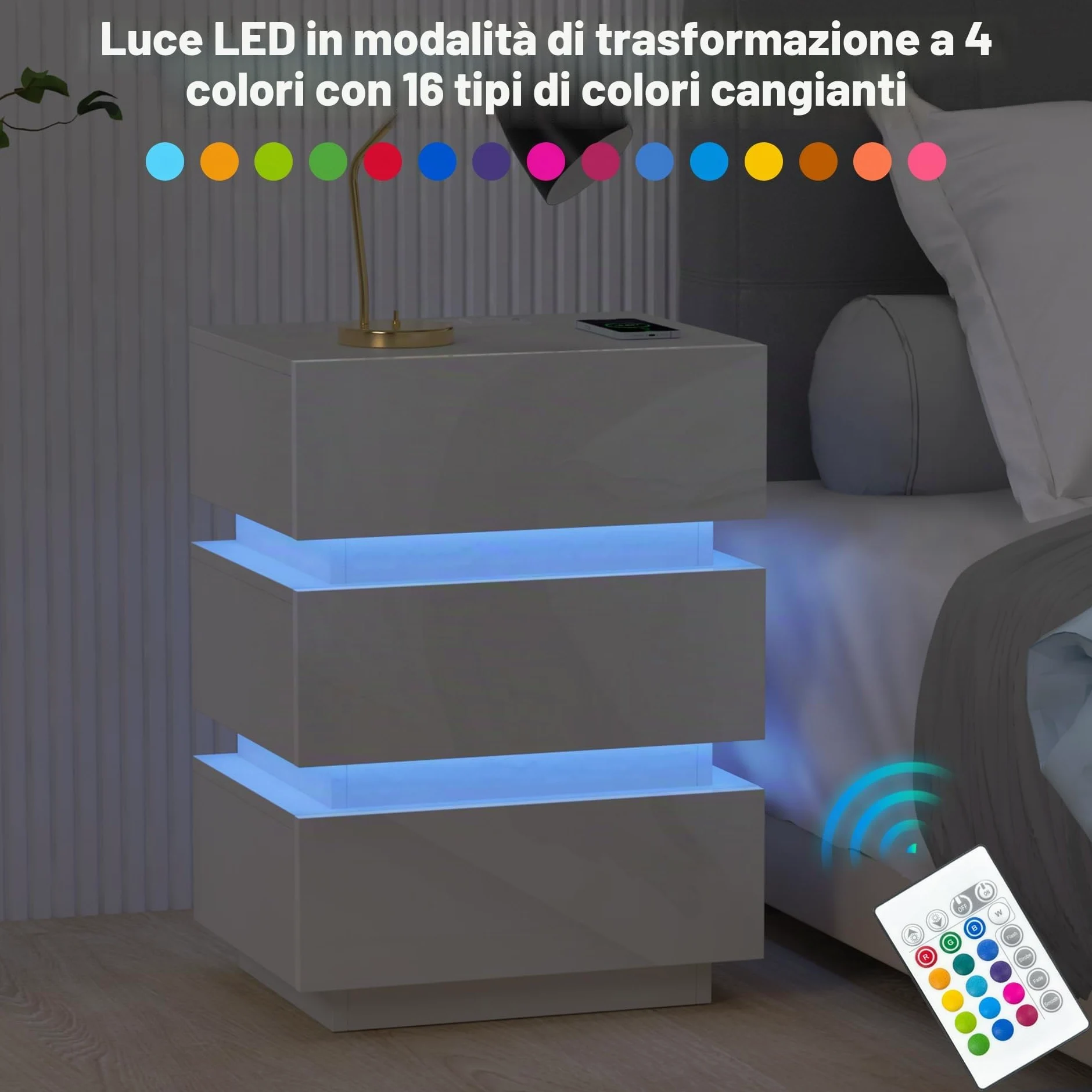 Moderno Comodino Lucido Comodini con striscia luminosa a led Bianco Comò Comodino con presa Tavolino con 3 cassetti per camera da letto, soggiorno