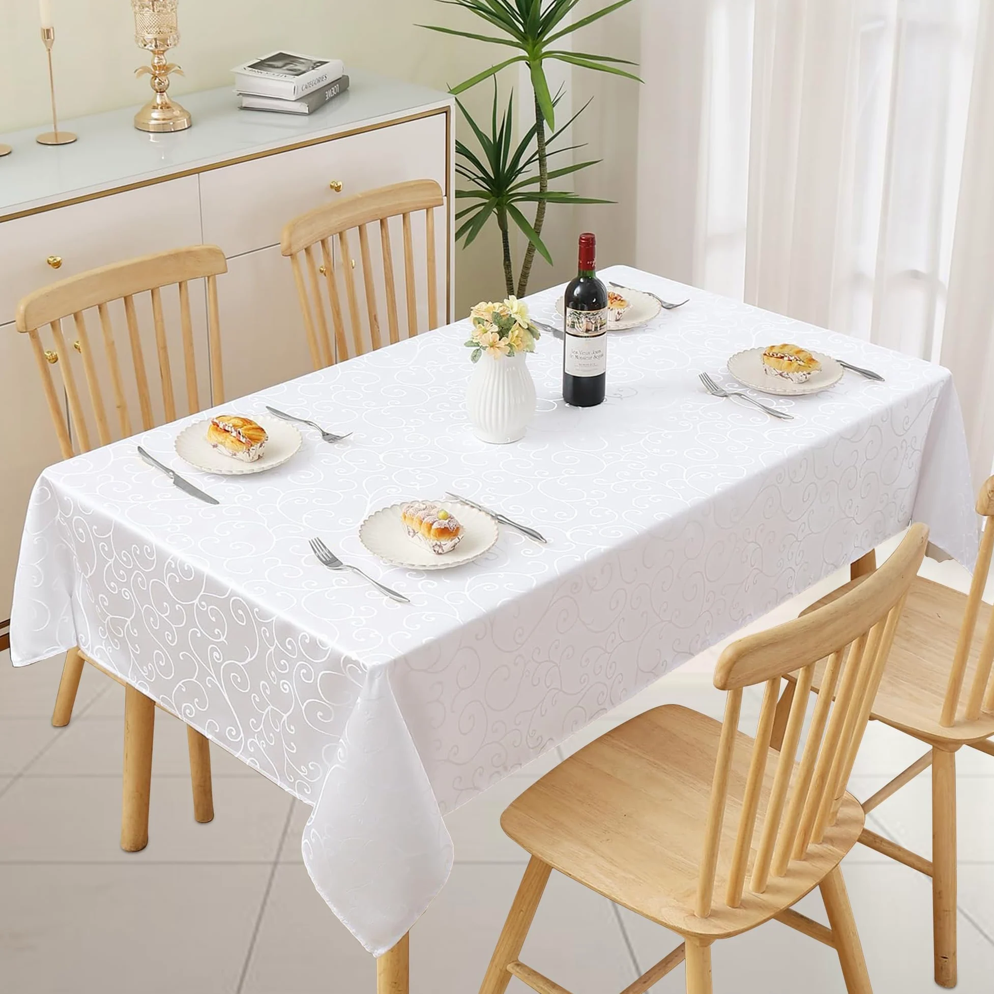 Trimming Shop Tovaglia damascata rettangolare 228,6 x 335,3 cm, motivo a vortice con rami, per banchetti, feste, casa, cucina, ristorante, matrimoni, Natale, 5 pezzi
