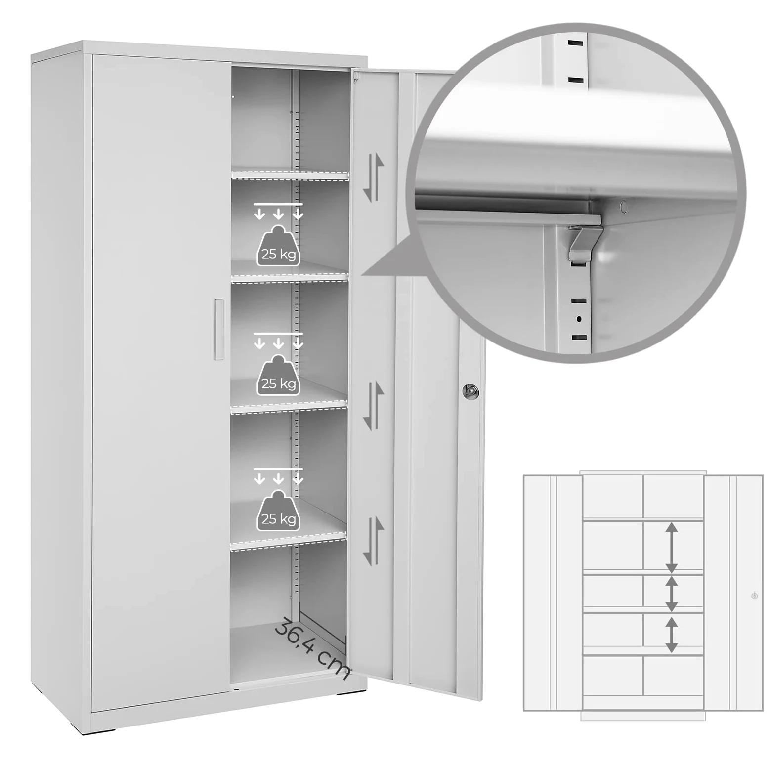 SONGMICS Armadietto Garage a 5 Ripiani con 2 Ante, Armadio Ufficio, 40 x 80 x 180 cm, 1 Serratura, Ripiani Regolabili, Armadio Metallo, Grigio Opaco OMC015G01