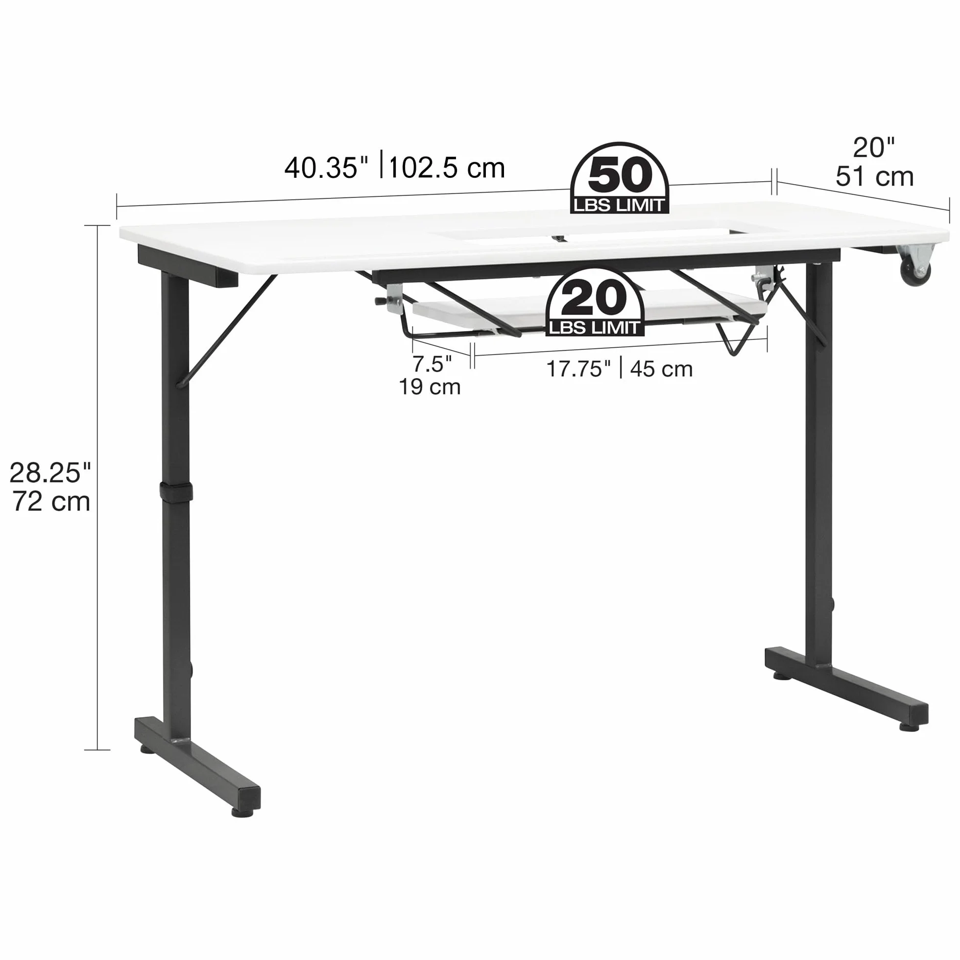 Sewing Online Tavolo da cucito pieghevole, piano bianco con gambe nere - Tavolo per macchina da cucire con piattaforma regolabile. Gambe pieghevoli per riporre e trasportare facilmente Ruote - 13399