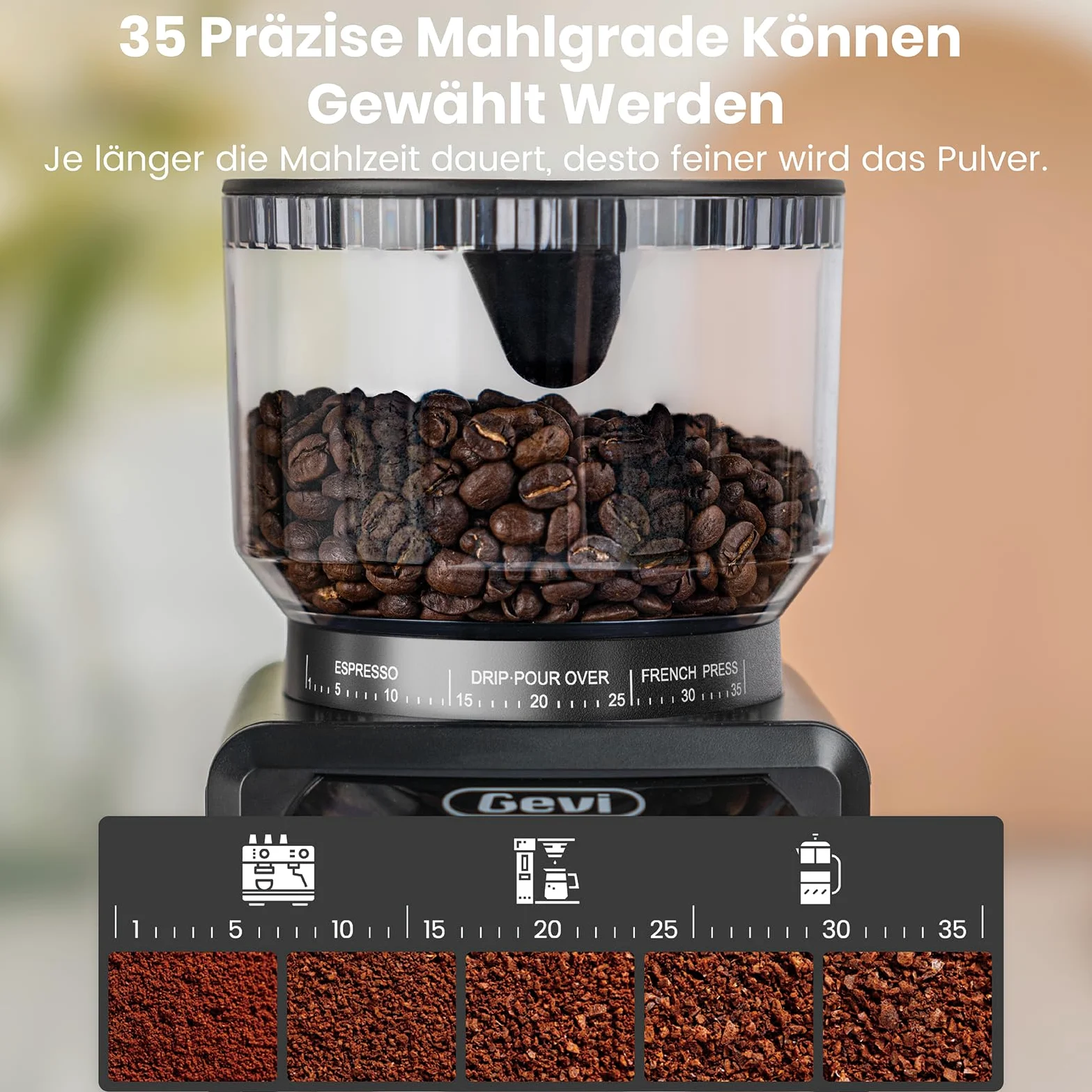 Gevi Burr - Macinino elettrico per chicchi di caffè, 35 impostazioni di macinazione regolabili con supporto professionale da 51 e 58 mm