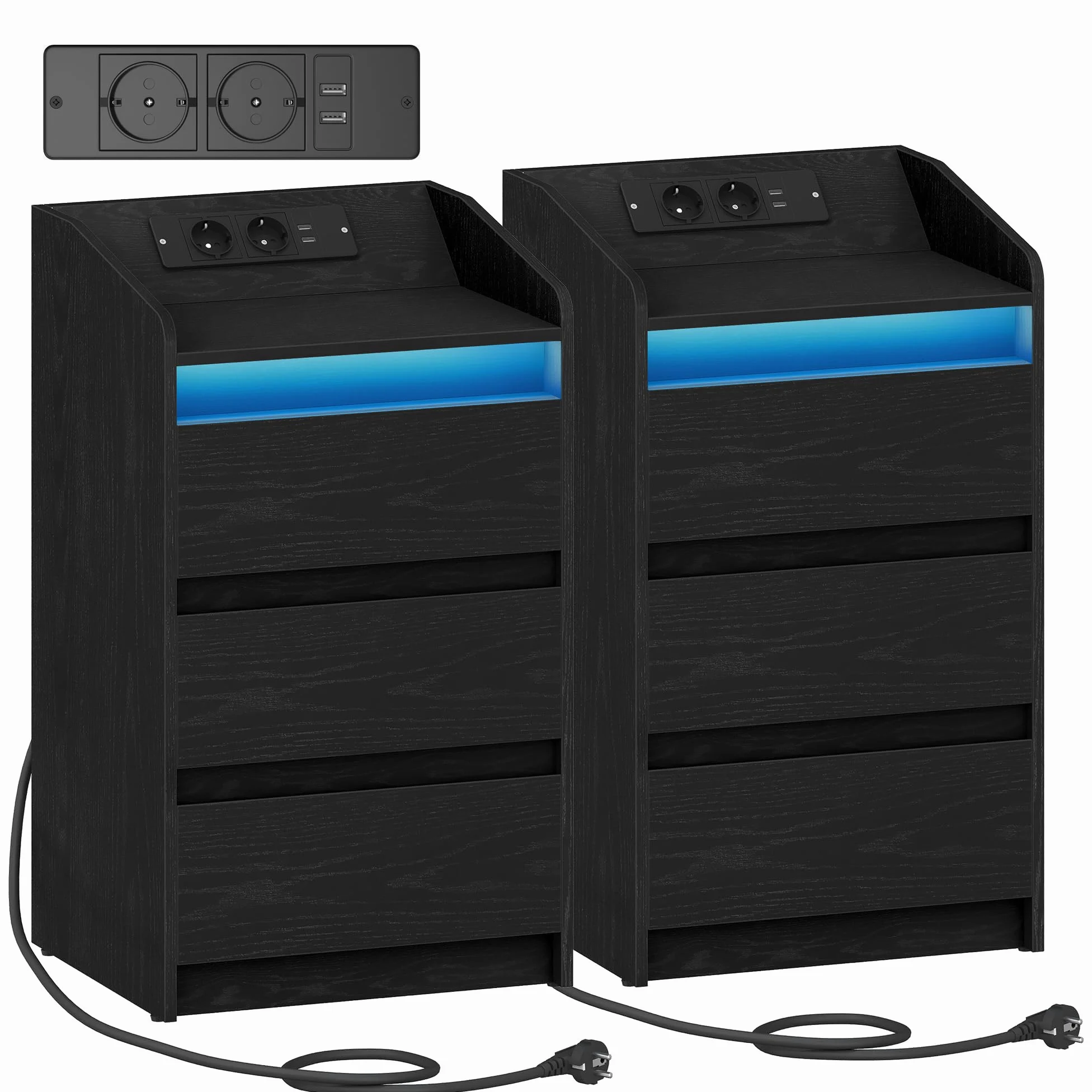 Hzuaneri Comodino Set di 2 con 3 Cassetti, Tavolino con Stazione di Ricarica LED, 2 Prese CA e 2 Porte USB per Camera da Letto, Soggiorno, Nero NS40104X