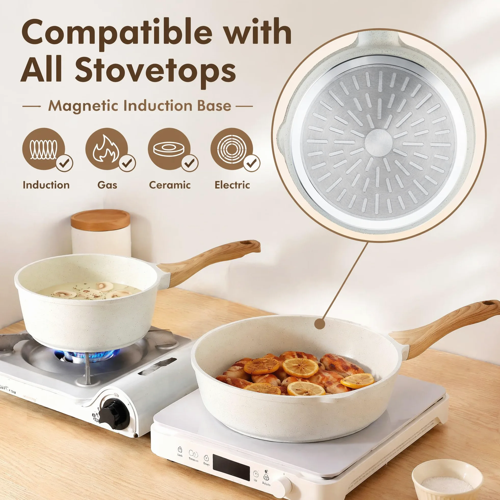 SENSARTE Set di pentole in ceramica antiaderente, set da 13 pezzi di pentole e padelle atossiche, set da cucina salutare con manici che rimangono freschi, strumenti in silicone e protezioni per