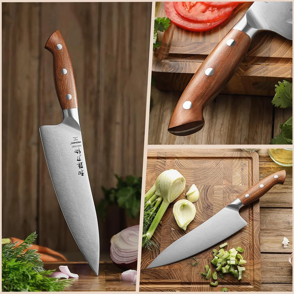 Coltelli da Chef HEZHEN 21cm Acciaio German DIN1.4116 Full Tang Manico Redwood