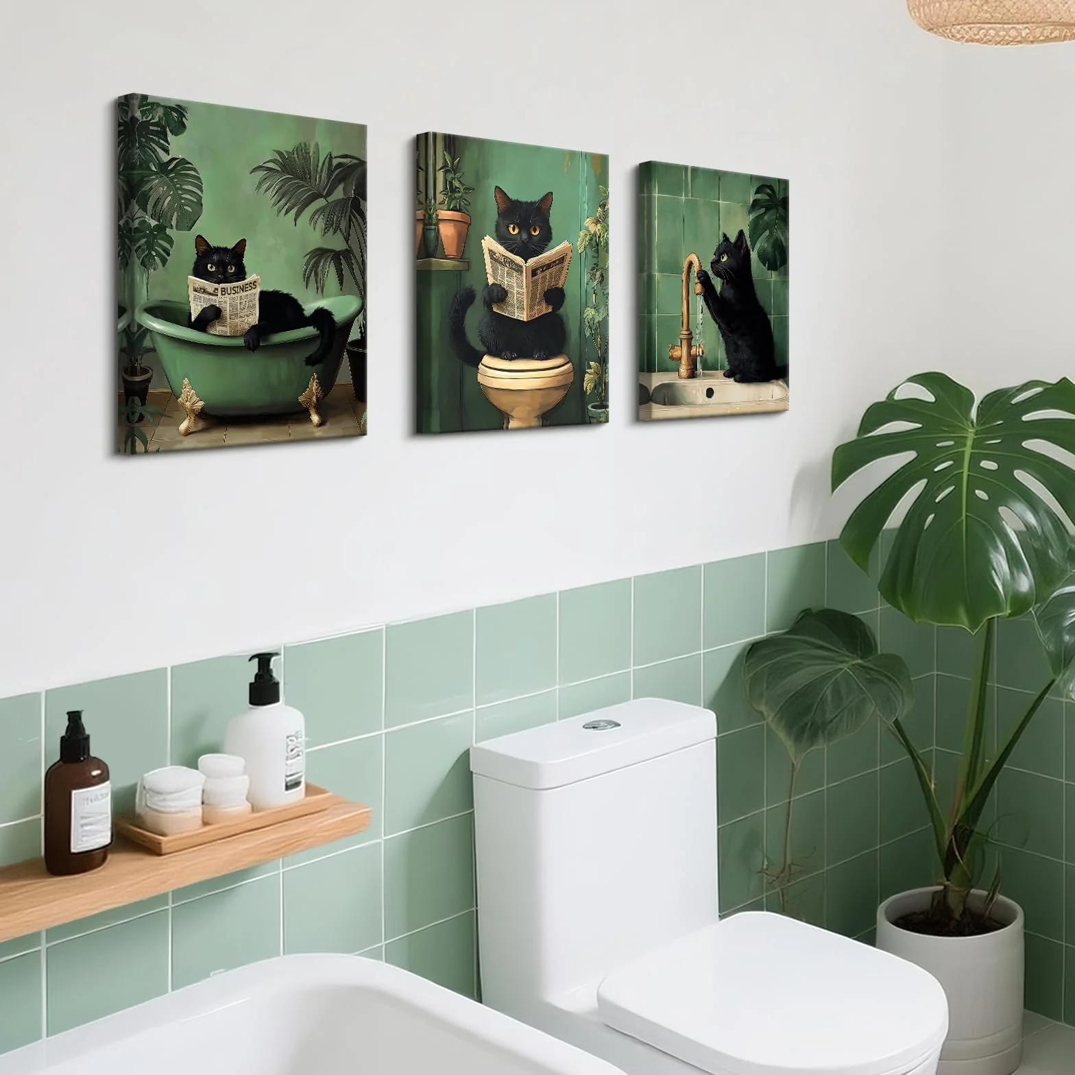 Stampa su tela Divertente Gatto Nero Pittura Quadri Moderni Bagno 30x40cm x3
