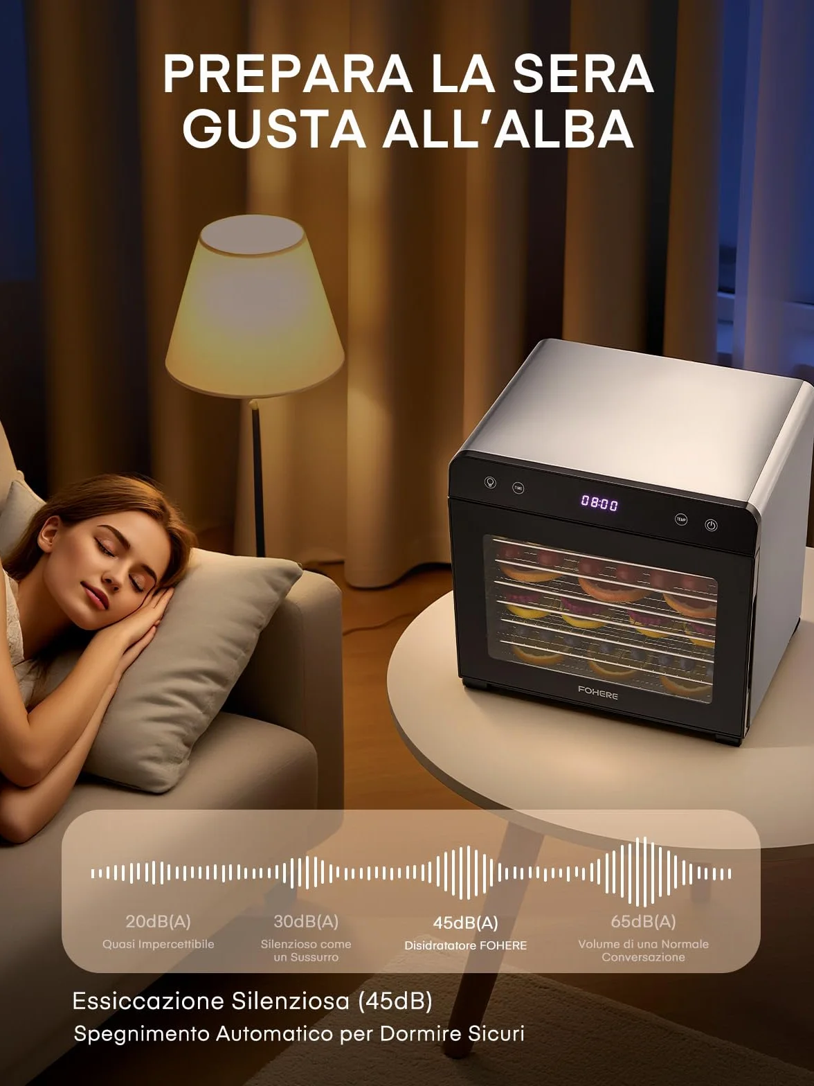 FOHERE Essiccatore Alimentare 8 Vassoi in Acciaio Inox, Silenzioso <40dB per Uso Notturno, Termostato 35-75℃ Timer 48h, per Frutta, Verdura, Carne, Funghi, Erbe, Snack per Bebè