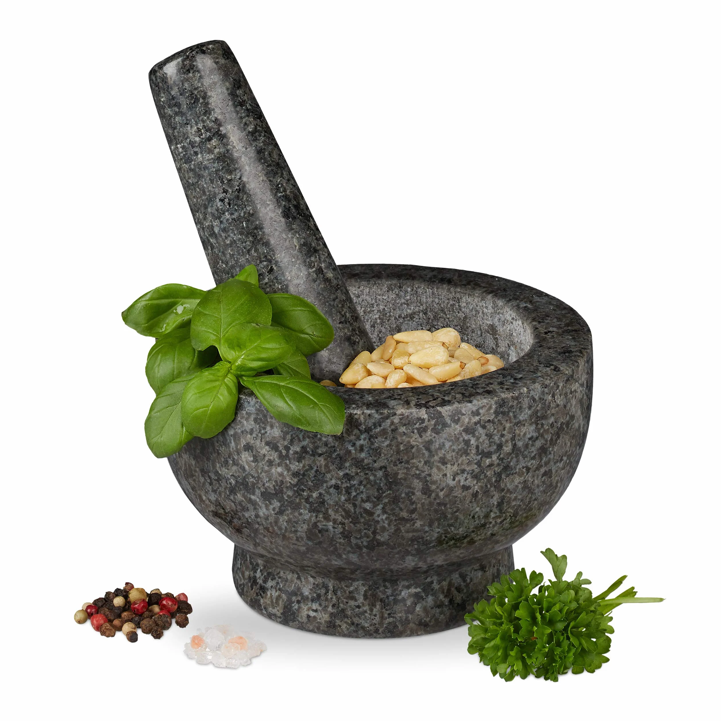 Relaxdays Mortaio e Pestello, in Granito Massiccio, Resistente, Basilico, Pesto, Superficie Ruvida, Ø13, 250 ml, Grigio