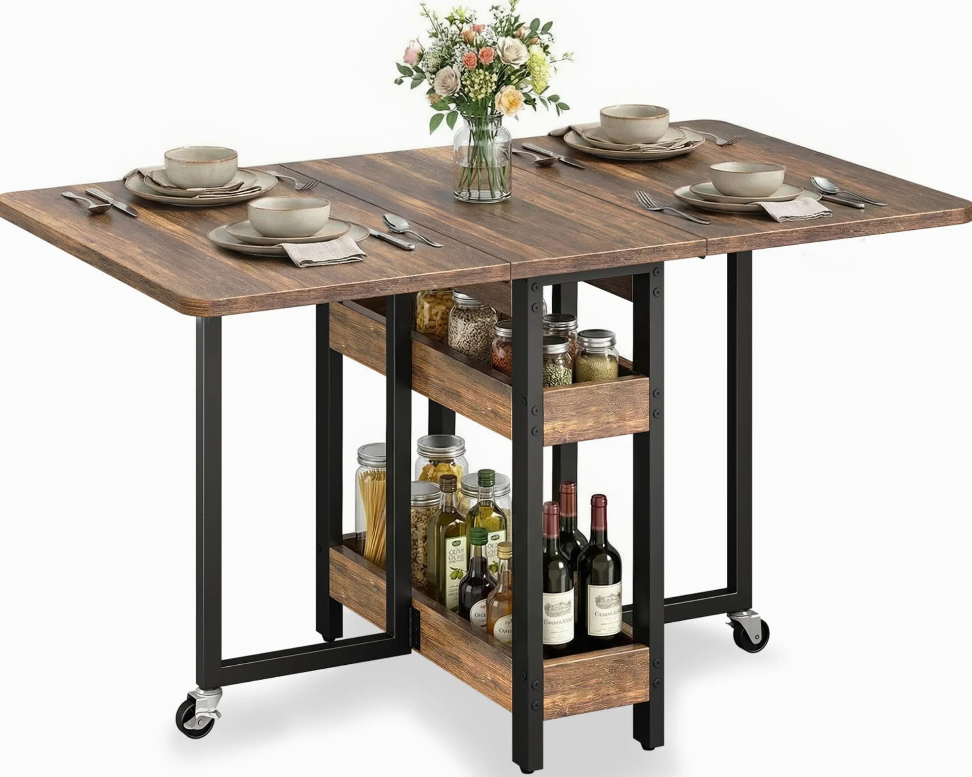 Clevich Tavolo da pranzo pieghevole mobile con 2 ripiani, per 4-6 persone, ideale per spazi ridotti, ingombro da chiuso: solo 0,218 m³, per cucina e casa, 133x80x75 cm, legno di tigre.