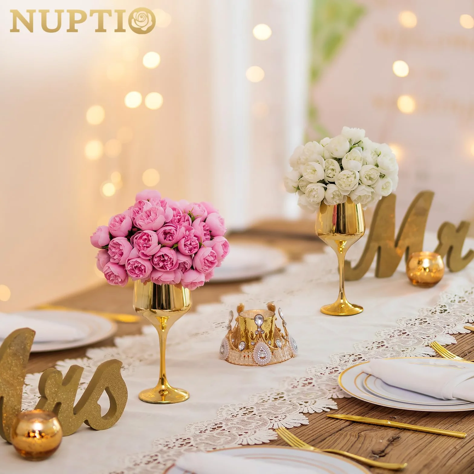 NUPTIO Piccolo Vaso di Vetro con Fiori: 2 Set 21cm Vasi D'oro con Fiori Artificiali Bianchi per Centrotavola Matrimonio, Finta Peonia Composizione Bouquet per Festa Compleanno Decorazioni per Casa