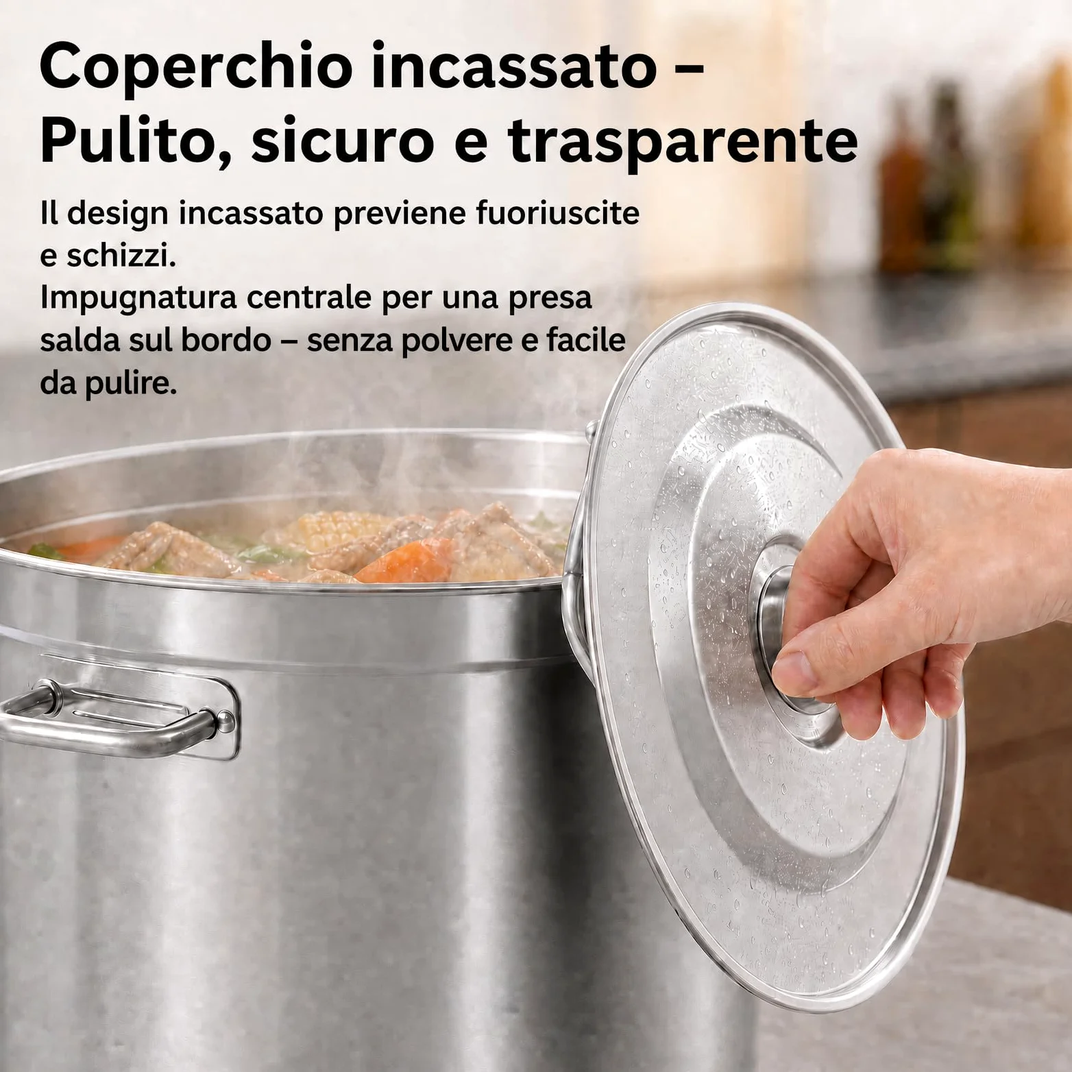 Pentola per zuppa in acciaio inox, 98 l, grande con manici e coperchio per lavandino, Ø 51,5 cm, altezza: 50 cm, in acciaio inox, grande per tutti i piani cottura e le grandi cucine
