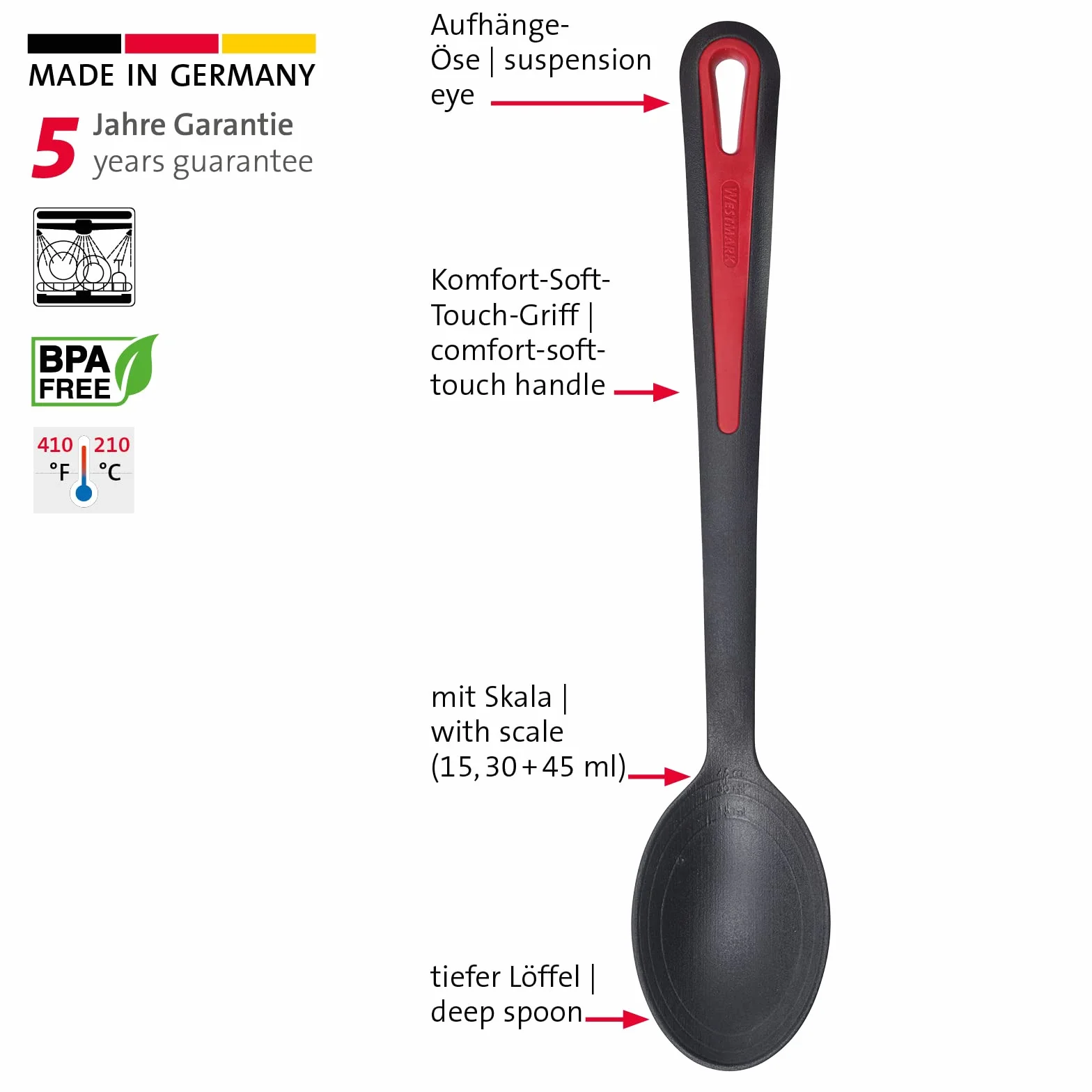 Westmark Gentle Plus 29612275 - Cucchiaio per verdure, resistente al calore fino a 270 °C / 518 °F, con testa extra profonda, scala interna: 15, 30 e 45 ml, in plastica, colore: Nero
