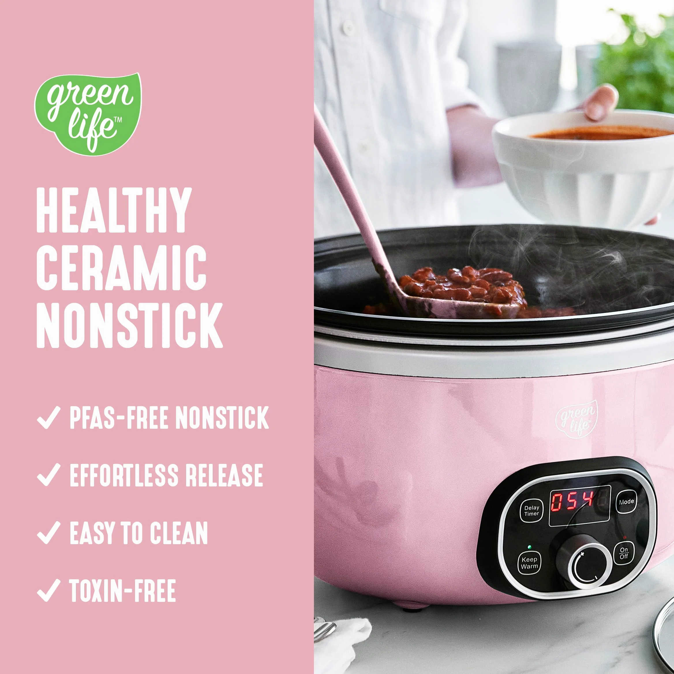 GreenLife - Pentola a cottura lenta in ceramica da 6 quarti, senza PFAS, programmabile, rimovibile e salutare antiaderente per pasti in famiglia, sigillatura in stufa, mantiene caldo,