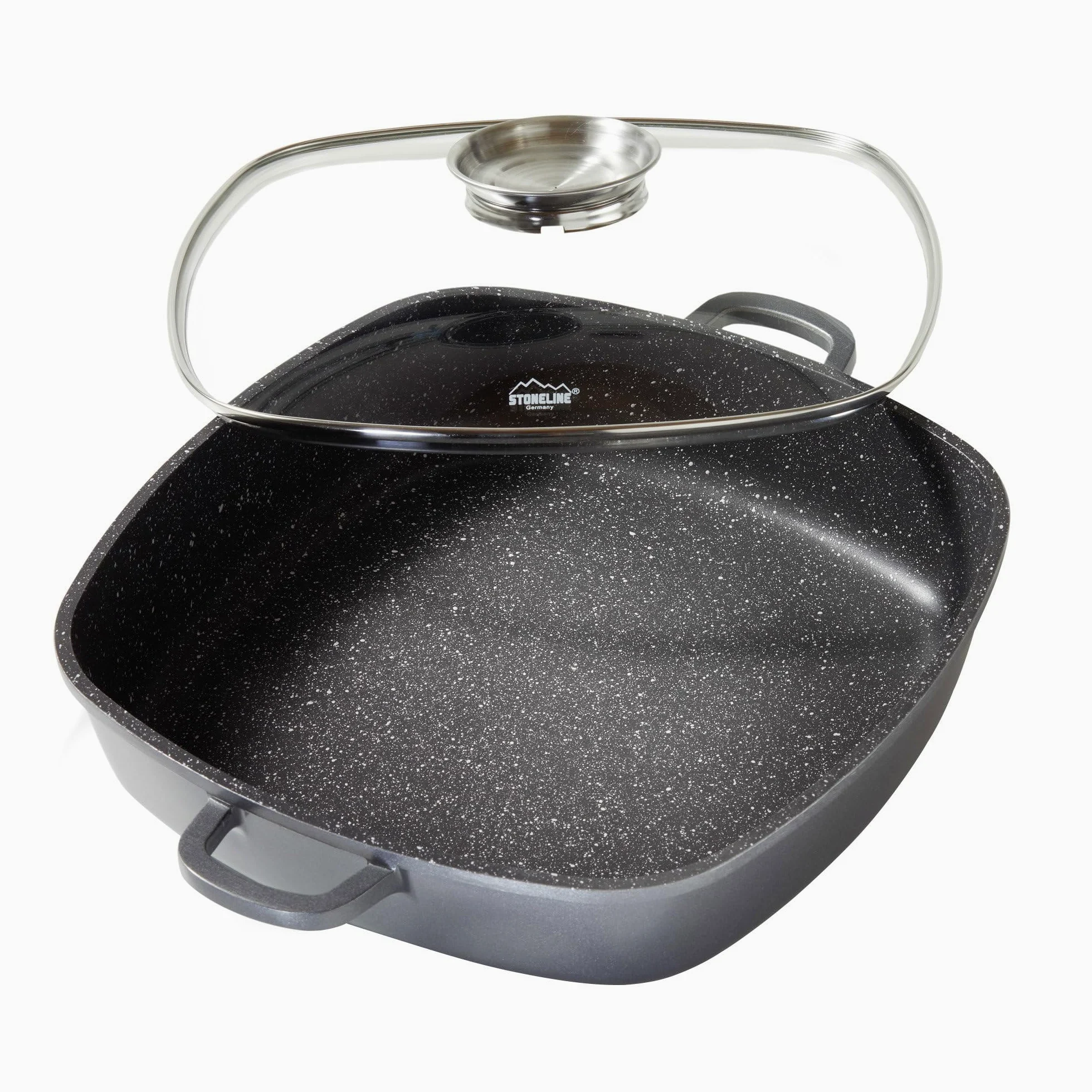 STONELINE Casseruola Quadrata 32 cm, Tegame 2 Manici Coperchio Salva-Aroma Alluminio Pressofuso, Rivestimento Antiaderente con Vere Particelle di Pietra, A Induzione Forno Tutti i Piani, Grigio