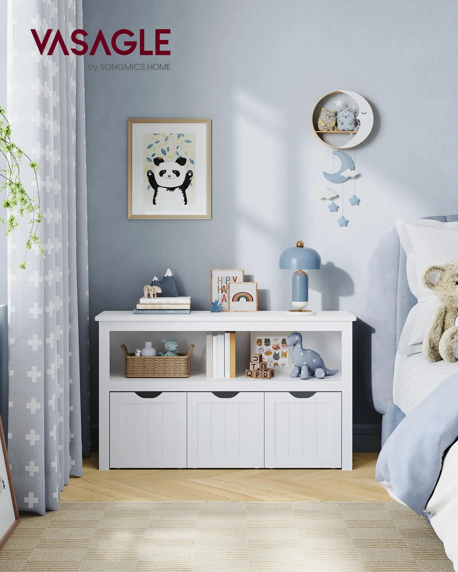 VASAGLE Scaffale per Bambini, Porta Giochi per Bambini, Multiuso, 3 Contenitori con Ruote, Porta Giocattoli, per Soggiorno Cameretta, 30 x 102 x 60 cm, Bianco Nuvola LHS380W01